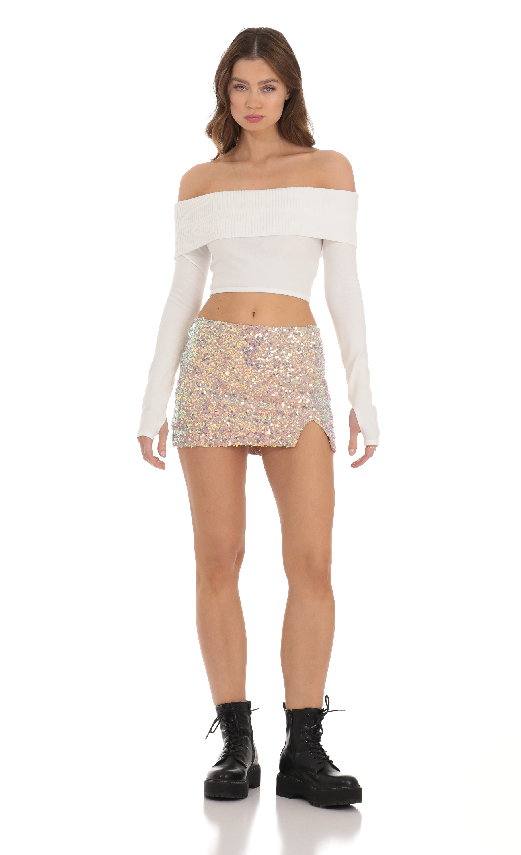 Iridescent Sequin Slit Skirt in Dusty Rose-My Sky Diva