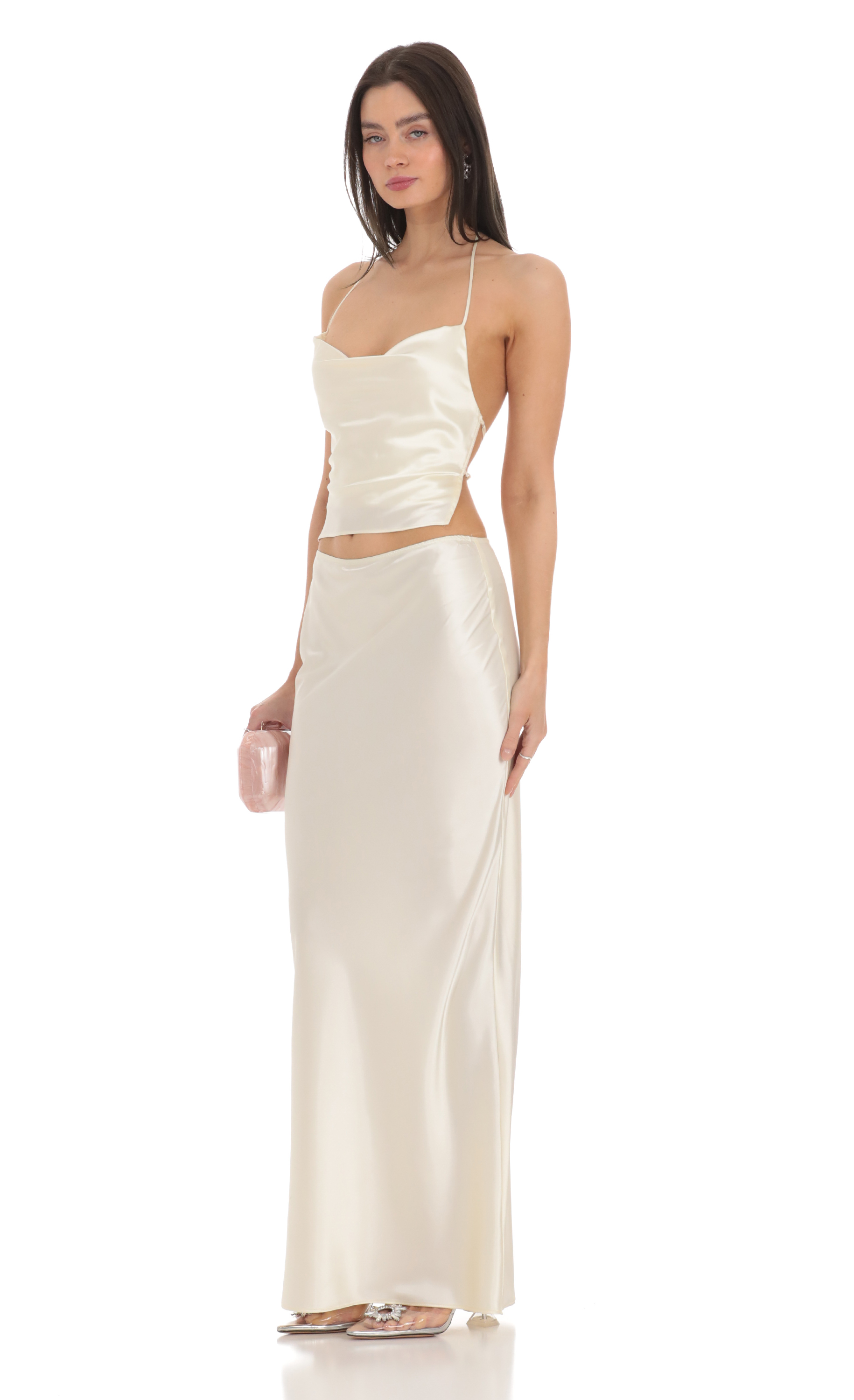 Satin Slip Two Piece Set in Ivory-My Sky Diva