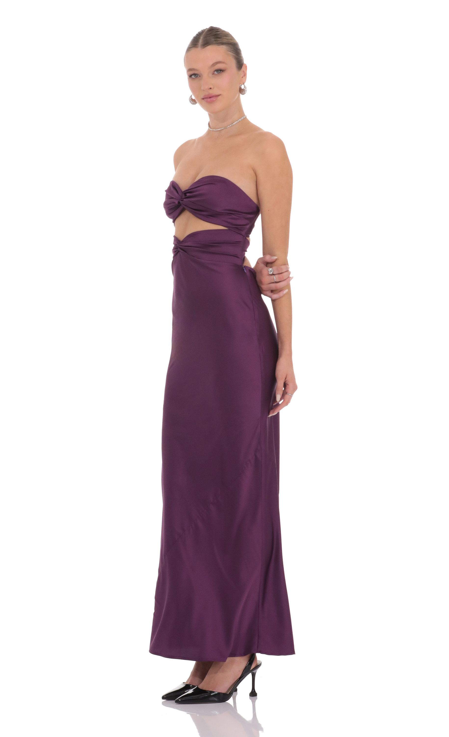 Satin Twist Cutout Maxi Dress in Purple-My Sky Diva