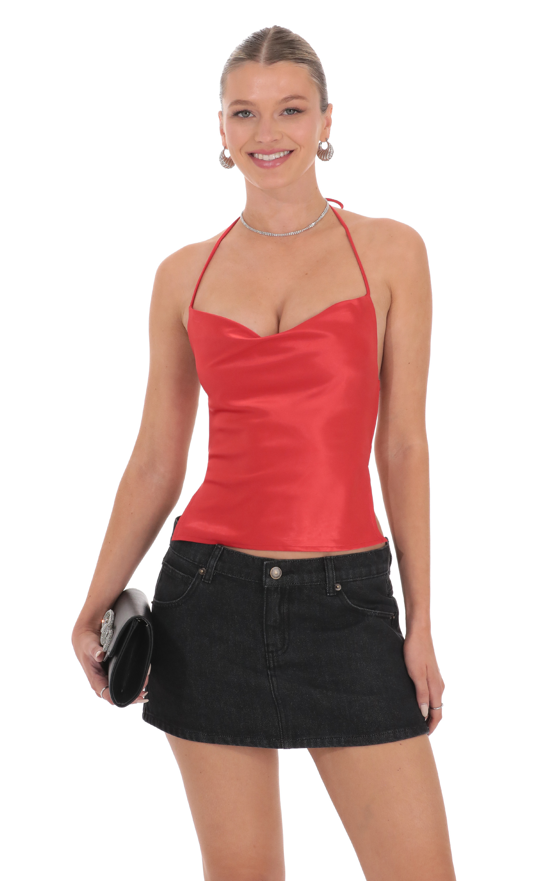 Satin Cowl Neck Top in Red-My Sky Diva