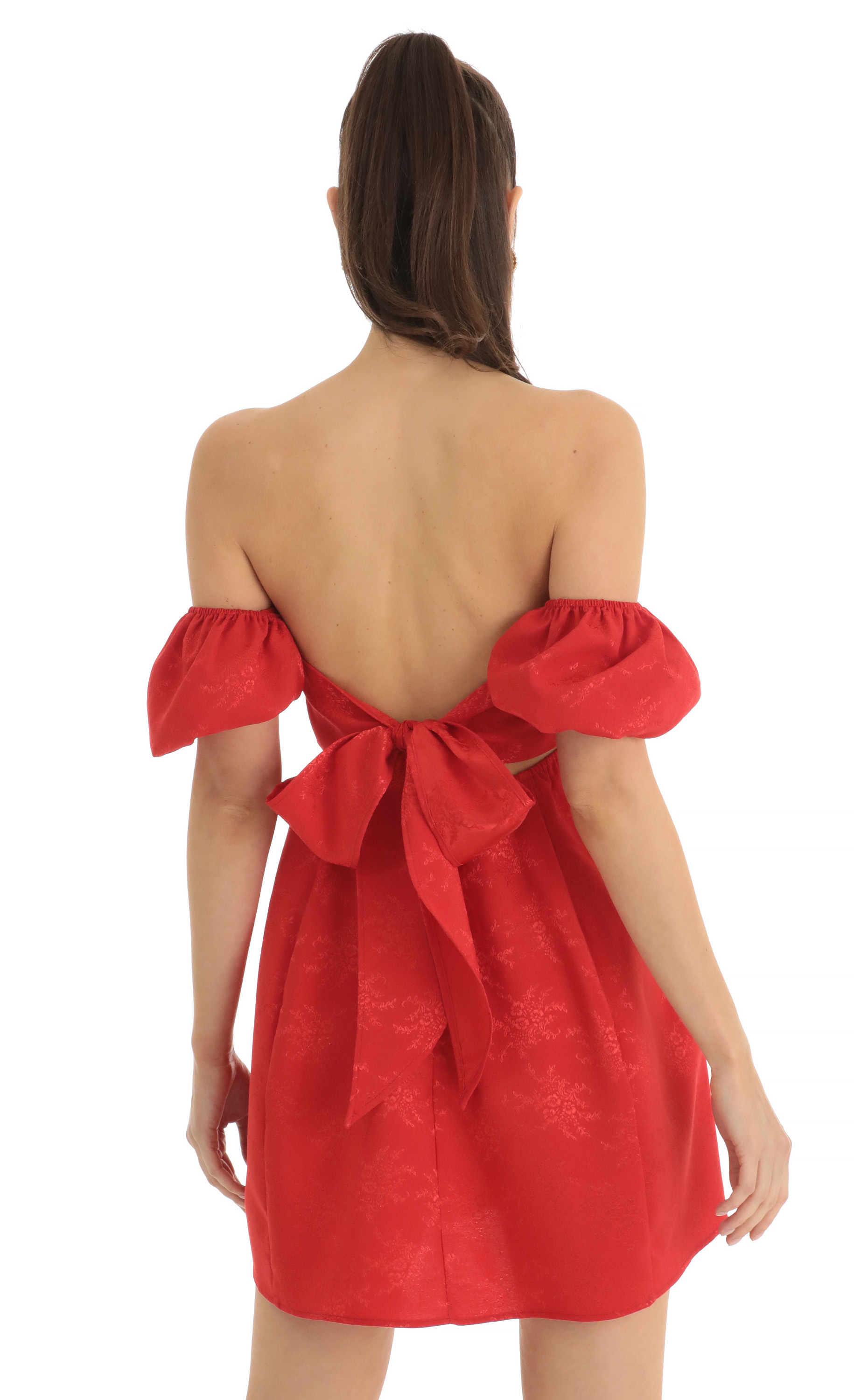 Jacquard Puff Sleeve Baby Doll Dress in Red-My Sky Diva