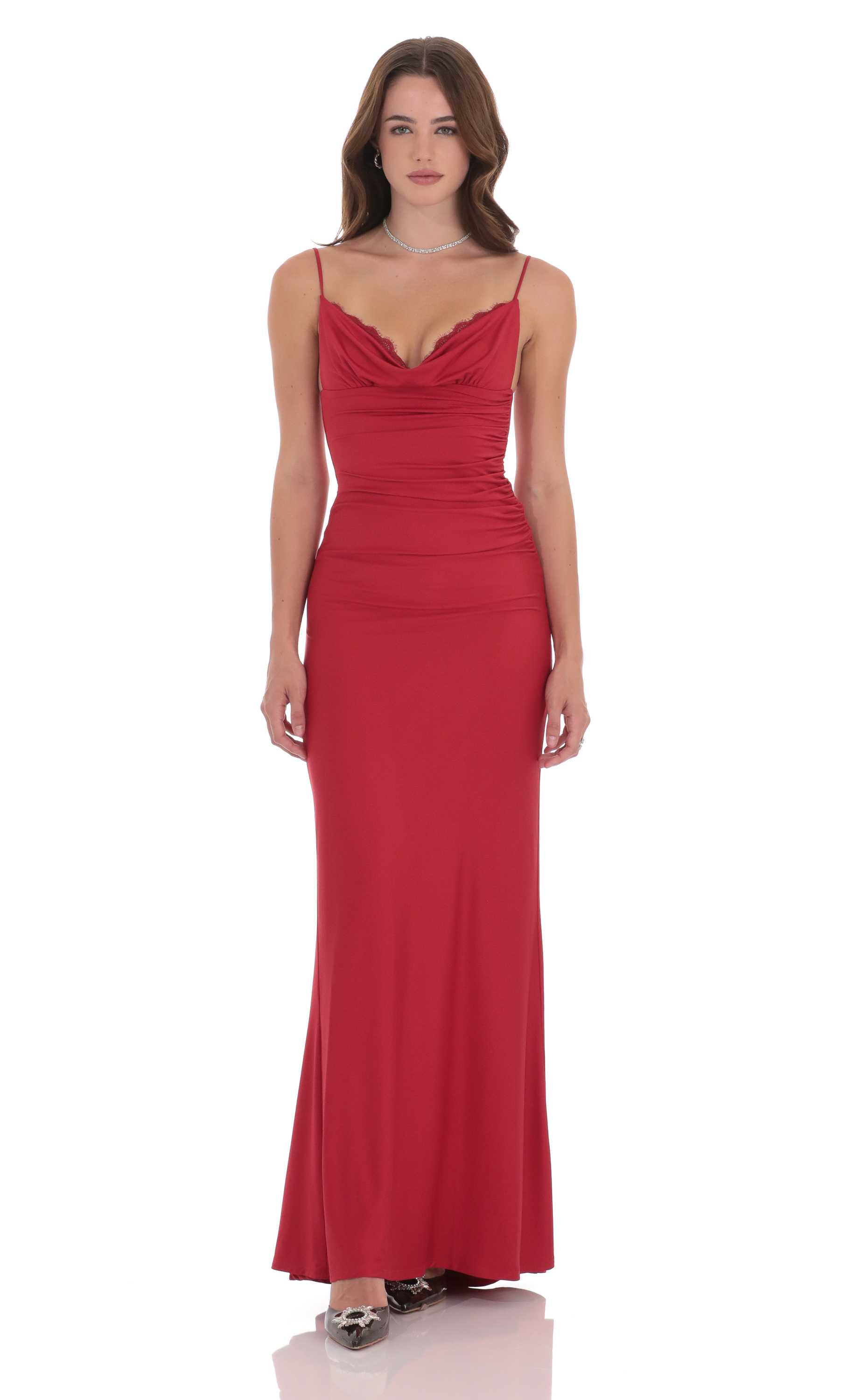 Cowl Neck Mermaid Maxi Dress in Red-My Sky Diva