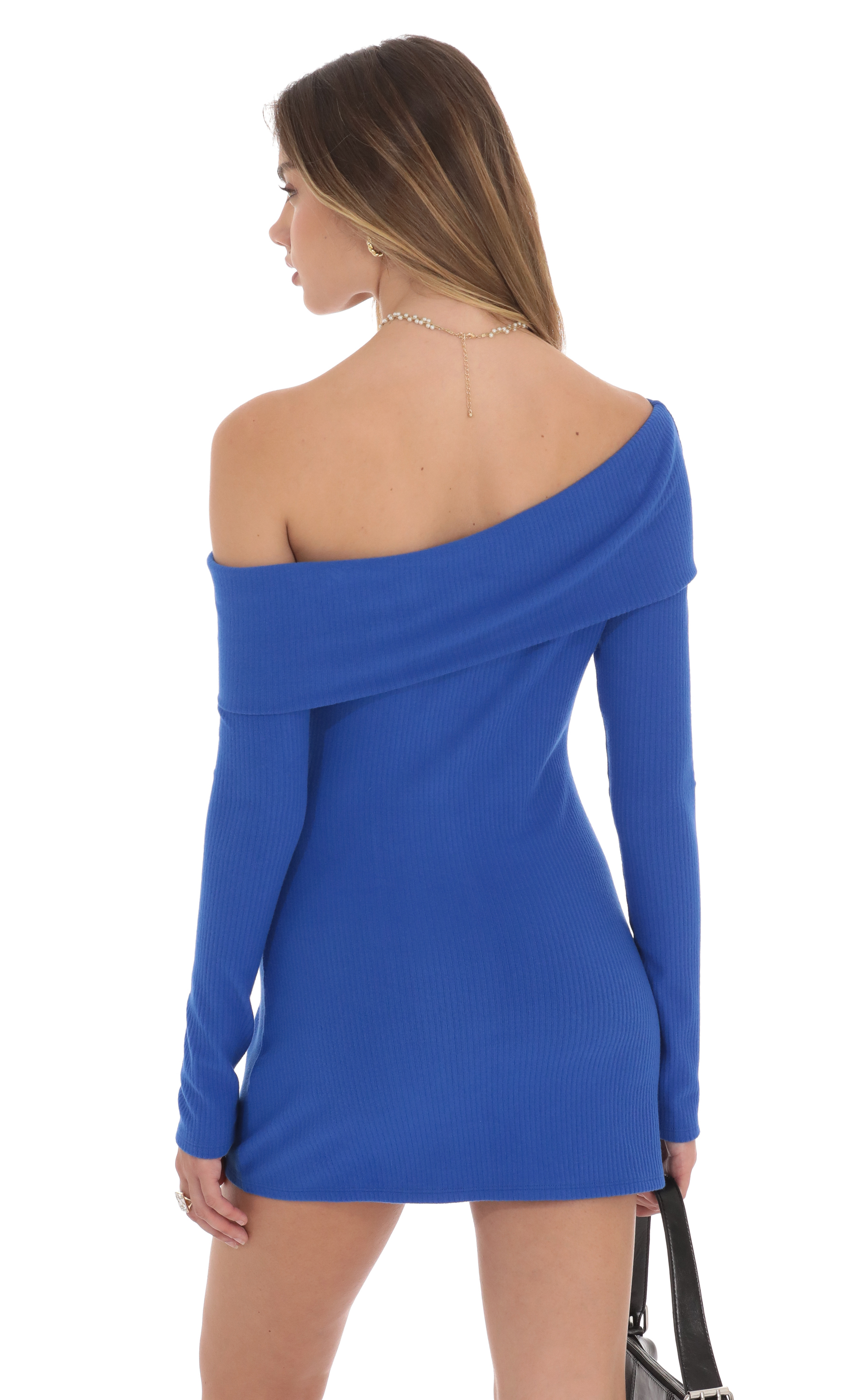 Ribbed Off Shoulder Dress in Blue-My Sky Diva