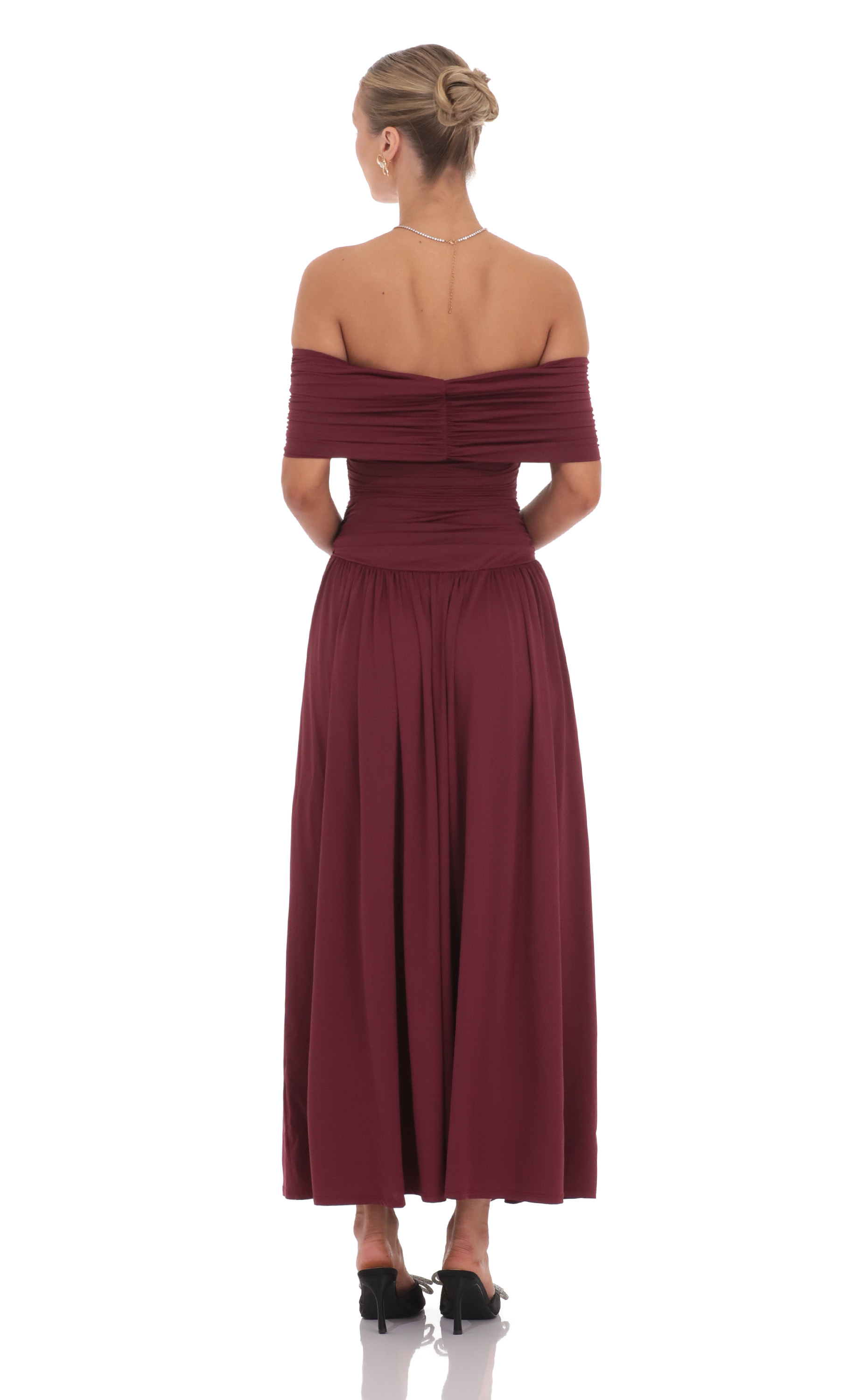 Off Shoulder Drop Waist Maxi Dress in Burgundy-My Sky Diva