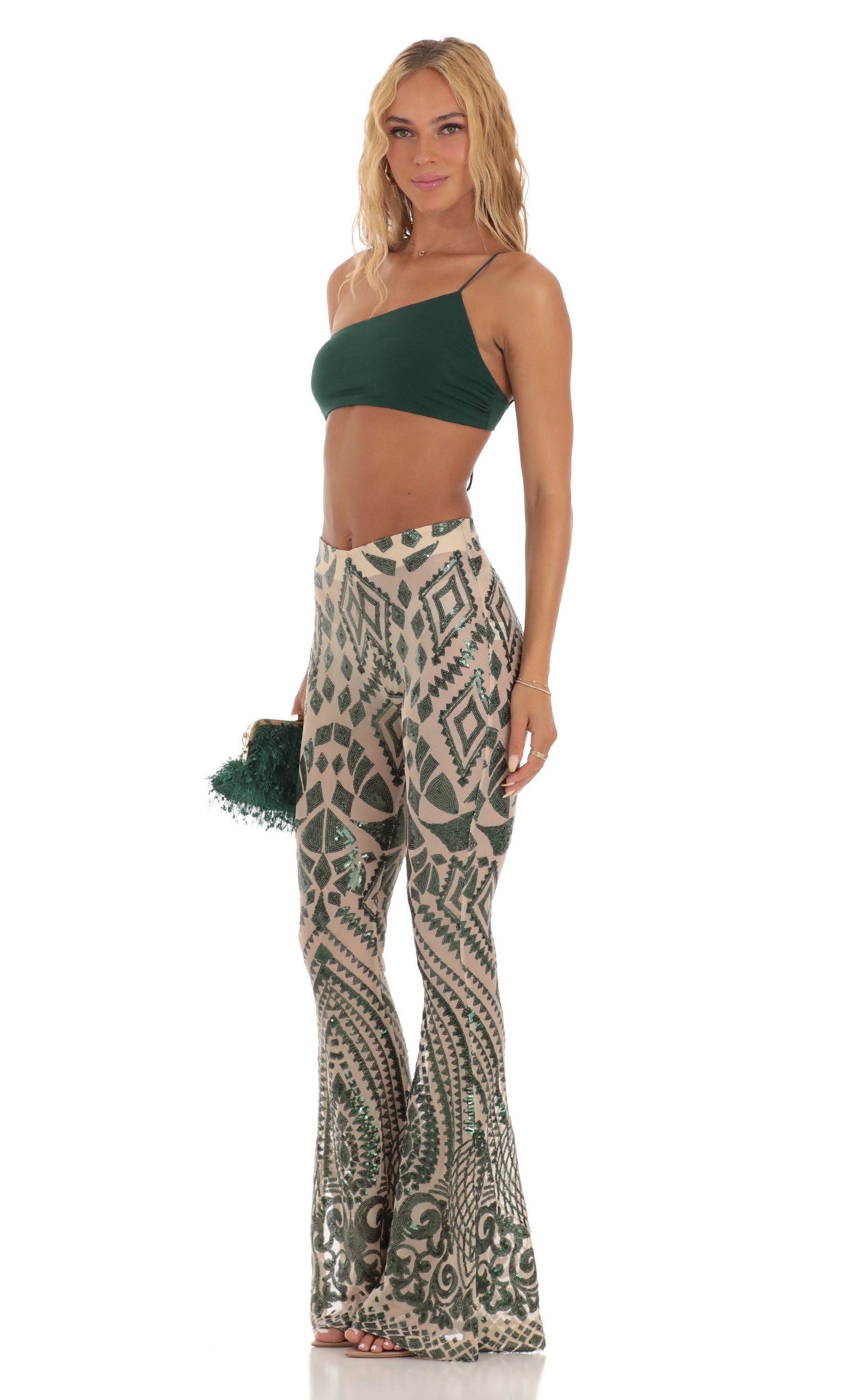 Sequin One Shoulder Two Piece Set in Green-My Sky Diva