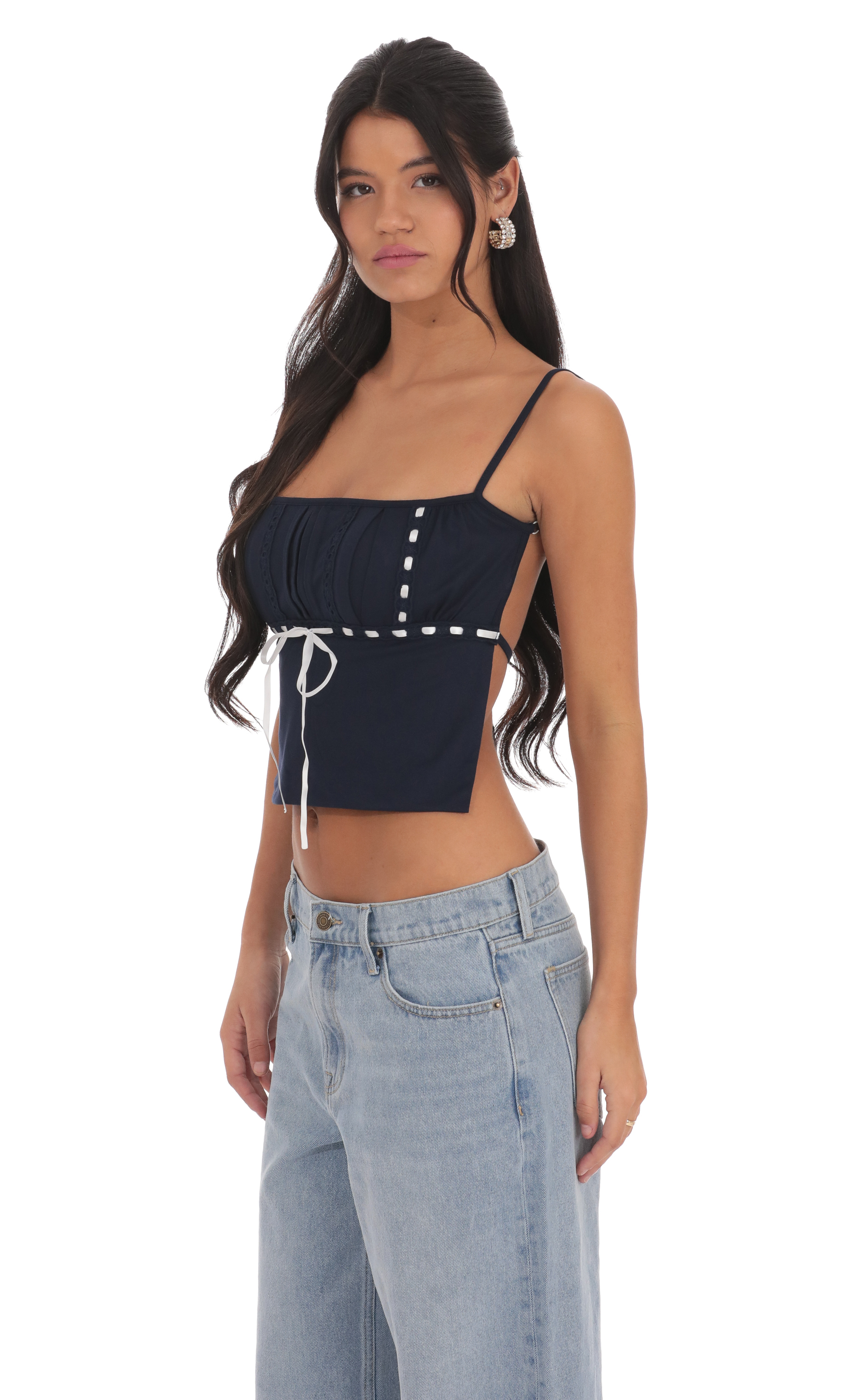 Embellished Backless Top in Navy-My Sky Diva