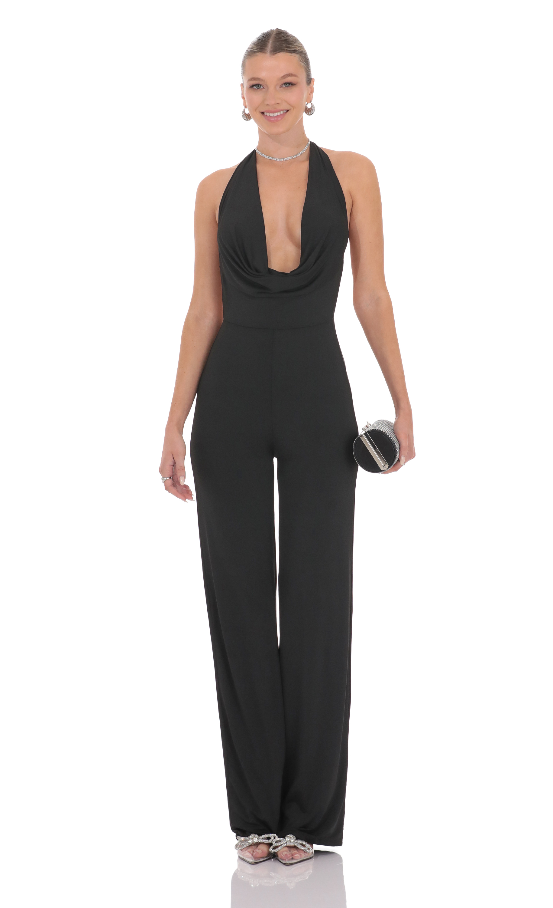 Halter Plunge Neck Jumpsuit in Black-My Sky Diva