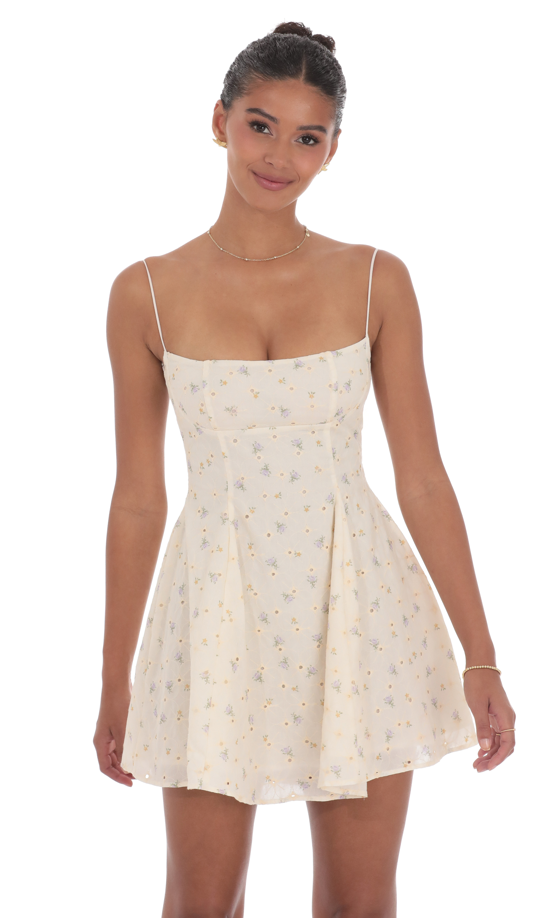 Floral Eyelet Fit and Flare Dress in Cream-My Sky Diva