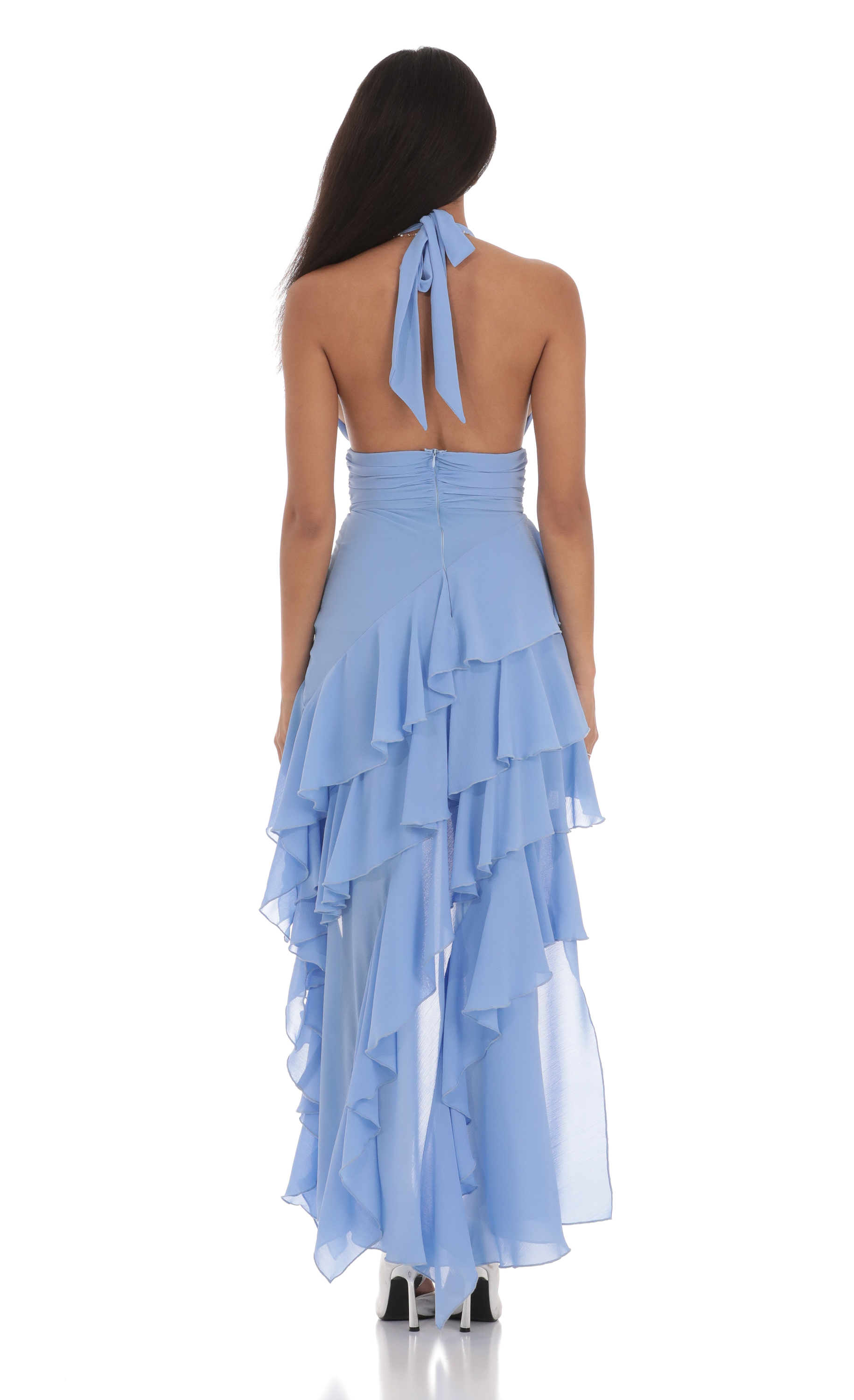 Asymmetrical Ruffle Maxi Dress in Blue-My Sky Diva