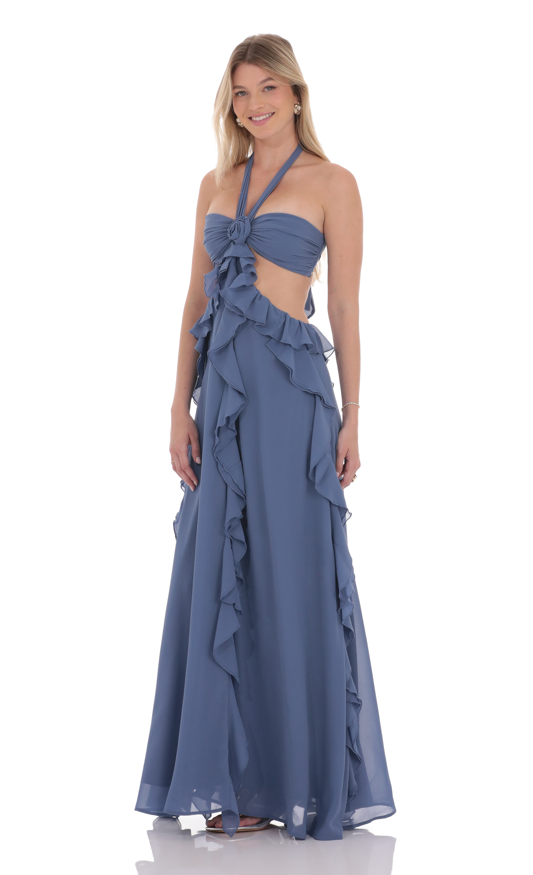 Chiffon Cutout Ruffle Maxi Dress in Blue-My Sky Diva
