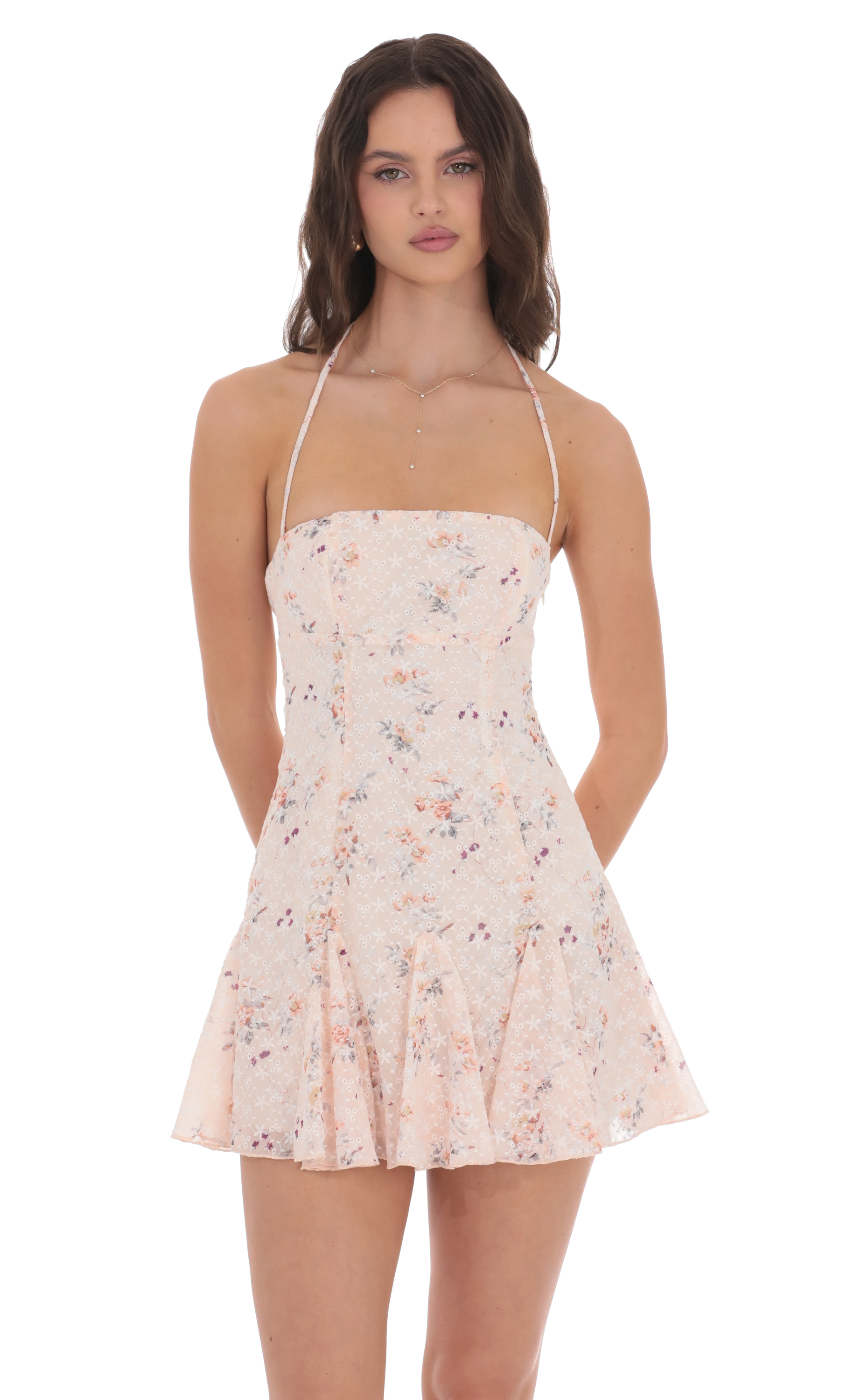 Floral Eyelet Halter Flare Dress in Pastel Pink-My Sky Diva