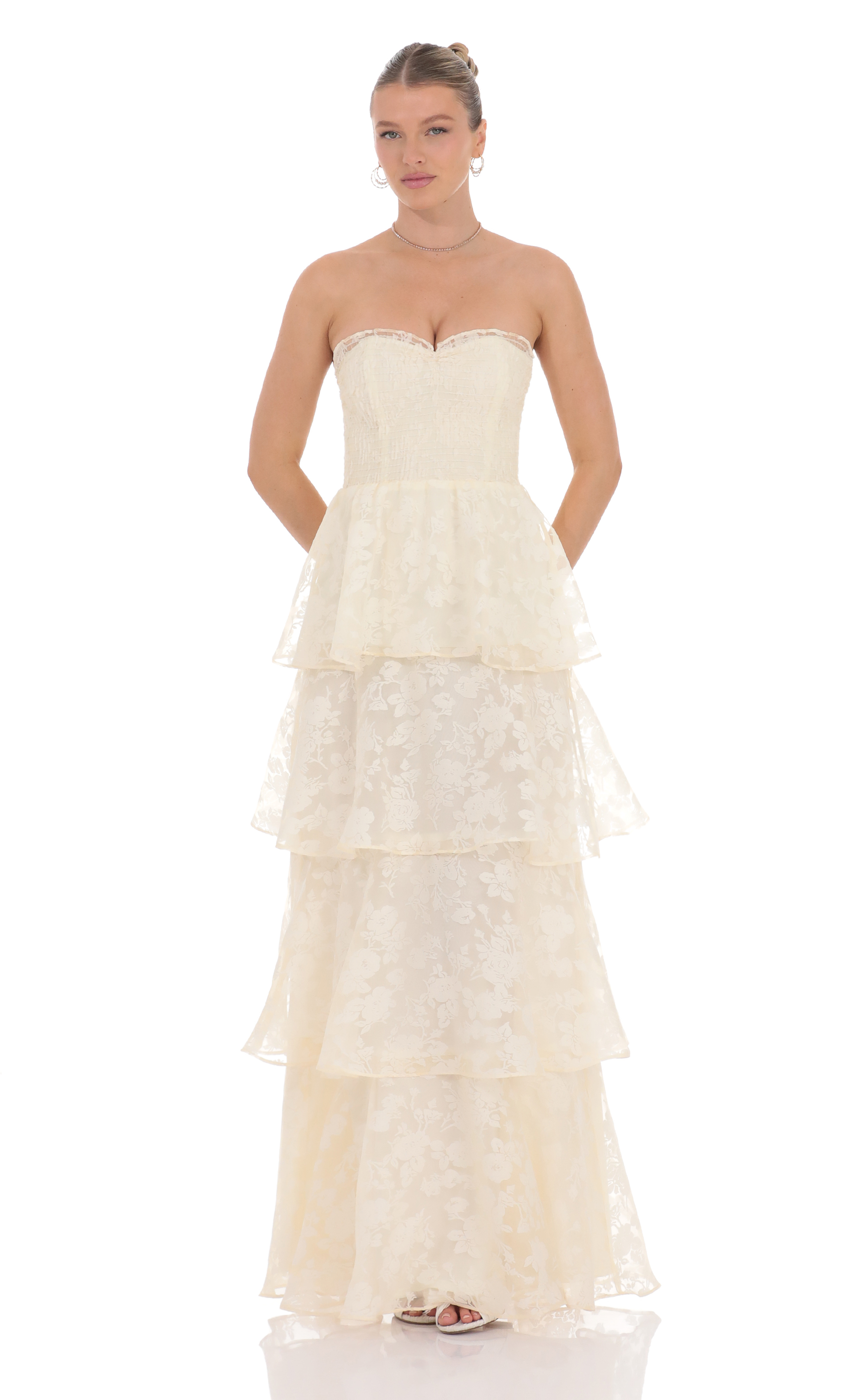 Floral Smocked Ruffle Maxi Dress in Cream-My Sky Diva