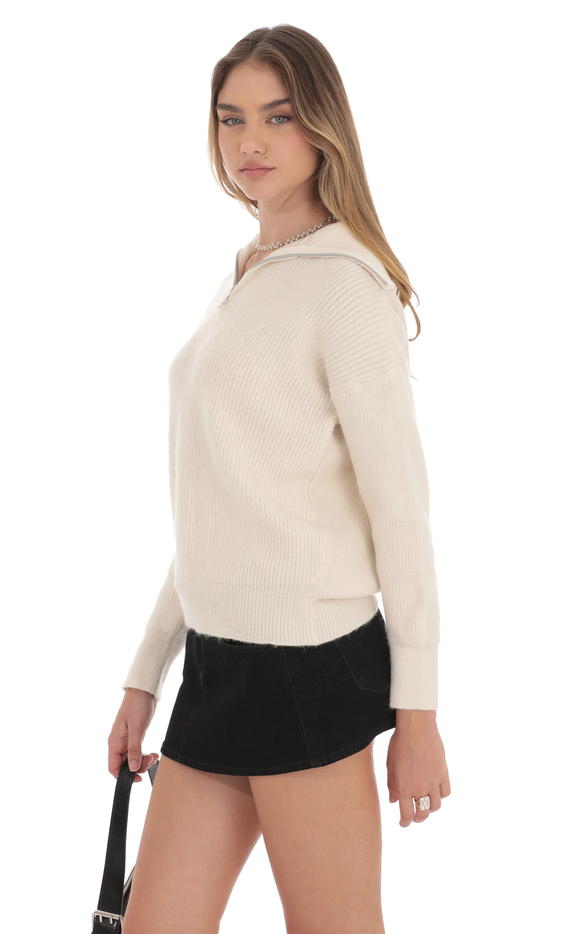 Quarter Zip Knit Jumper in Cream-My Sky Diva