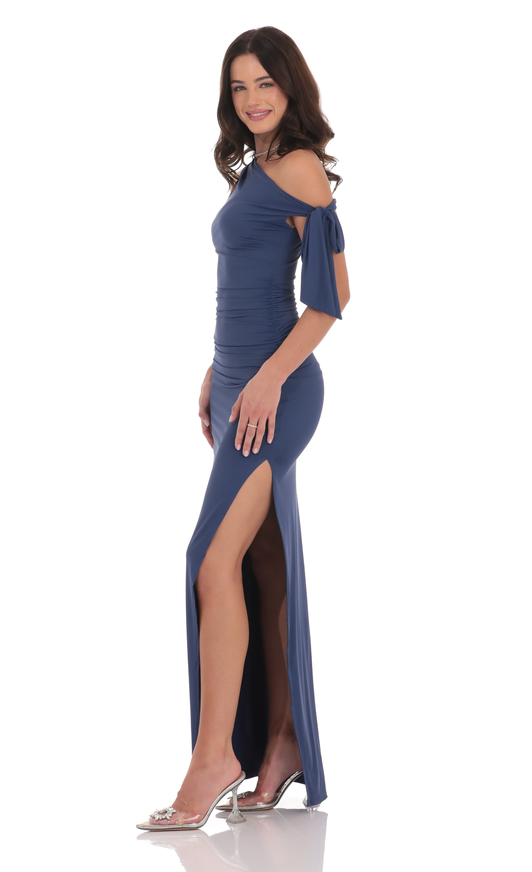 Off Shoulder Tie Strap Maxi Dress in Blue-My Sky Diva