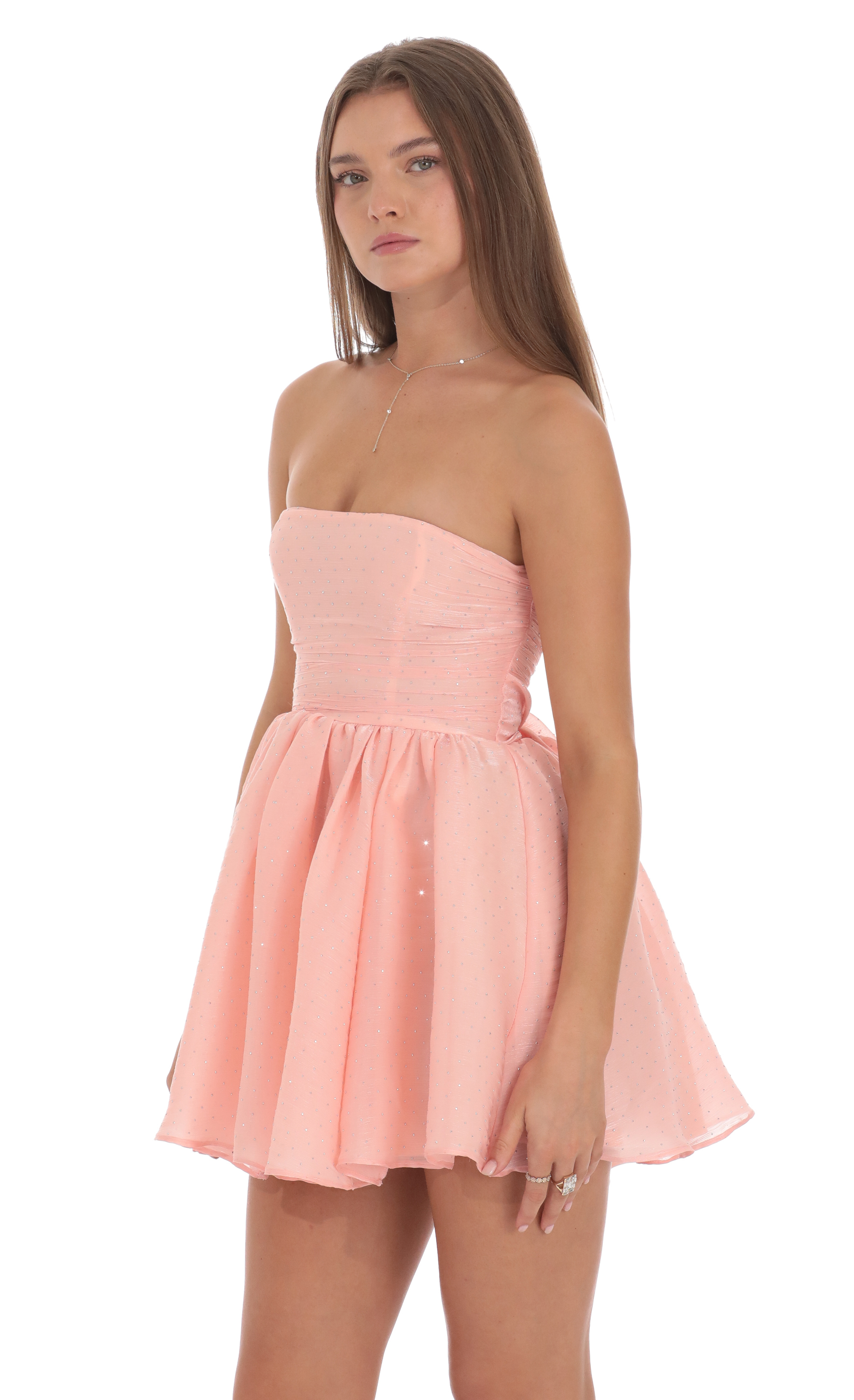 Rhinestone Strapless A-line Dress in Coral Pink-My Sky Diva