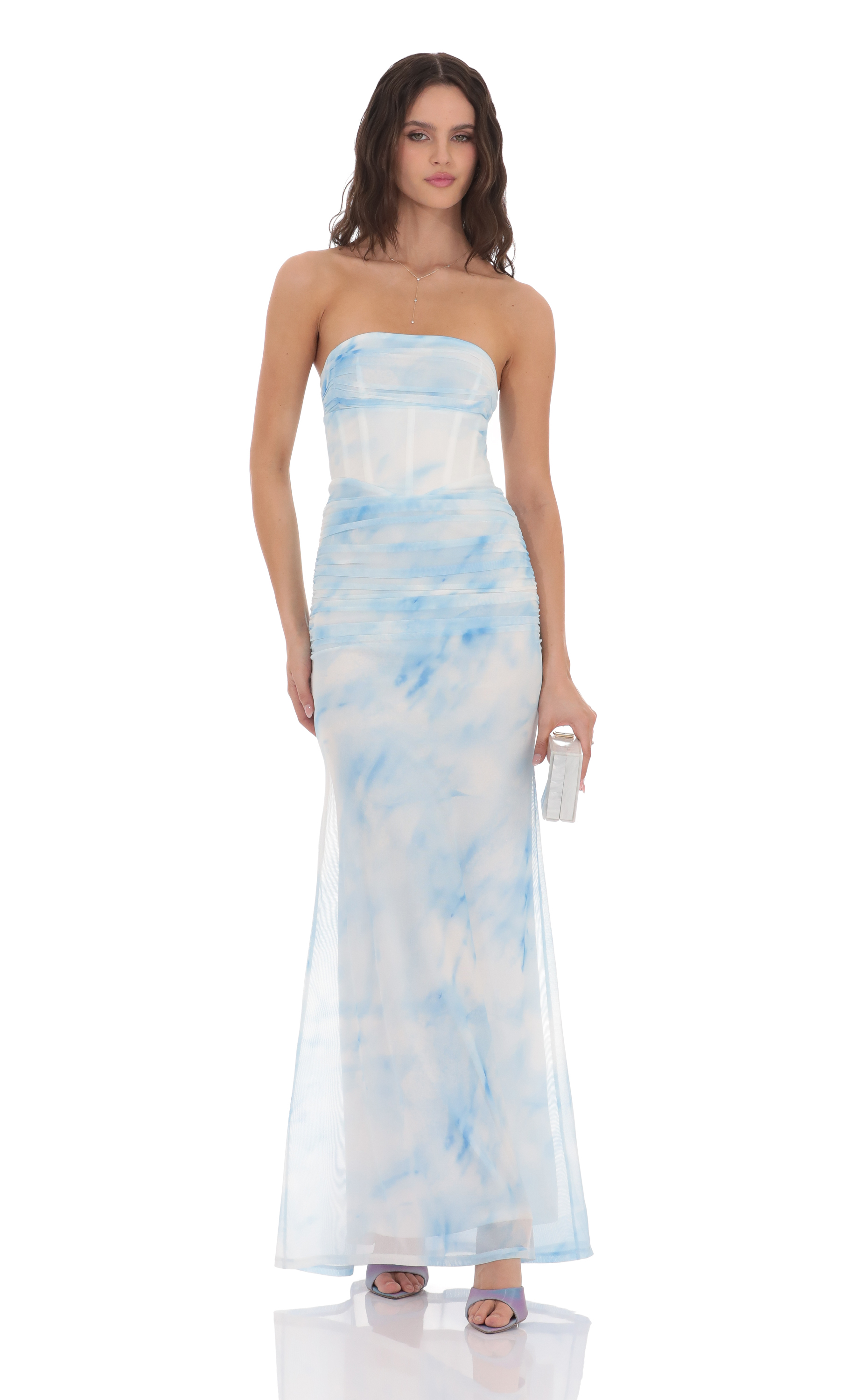 Mesh Strapless Corset Maxi Dress in Blue Tie Dye-My Sky Diva