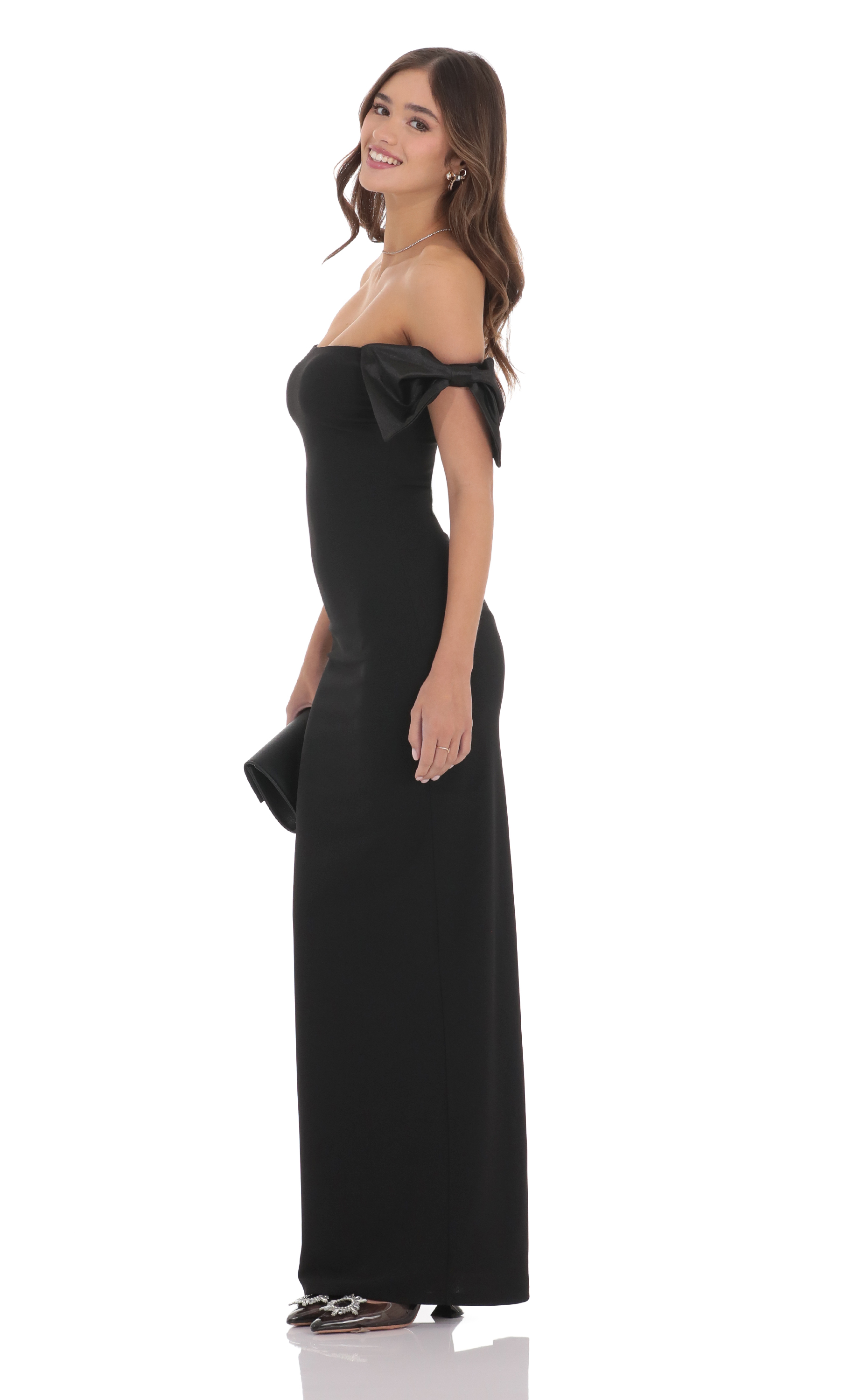 Off Shoulder Bow Sleeve Maxi Dress in Black-My Sky Diva