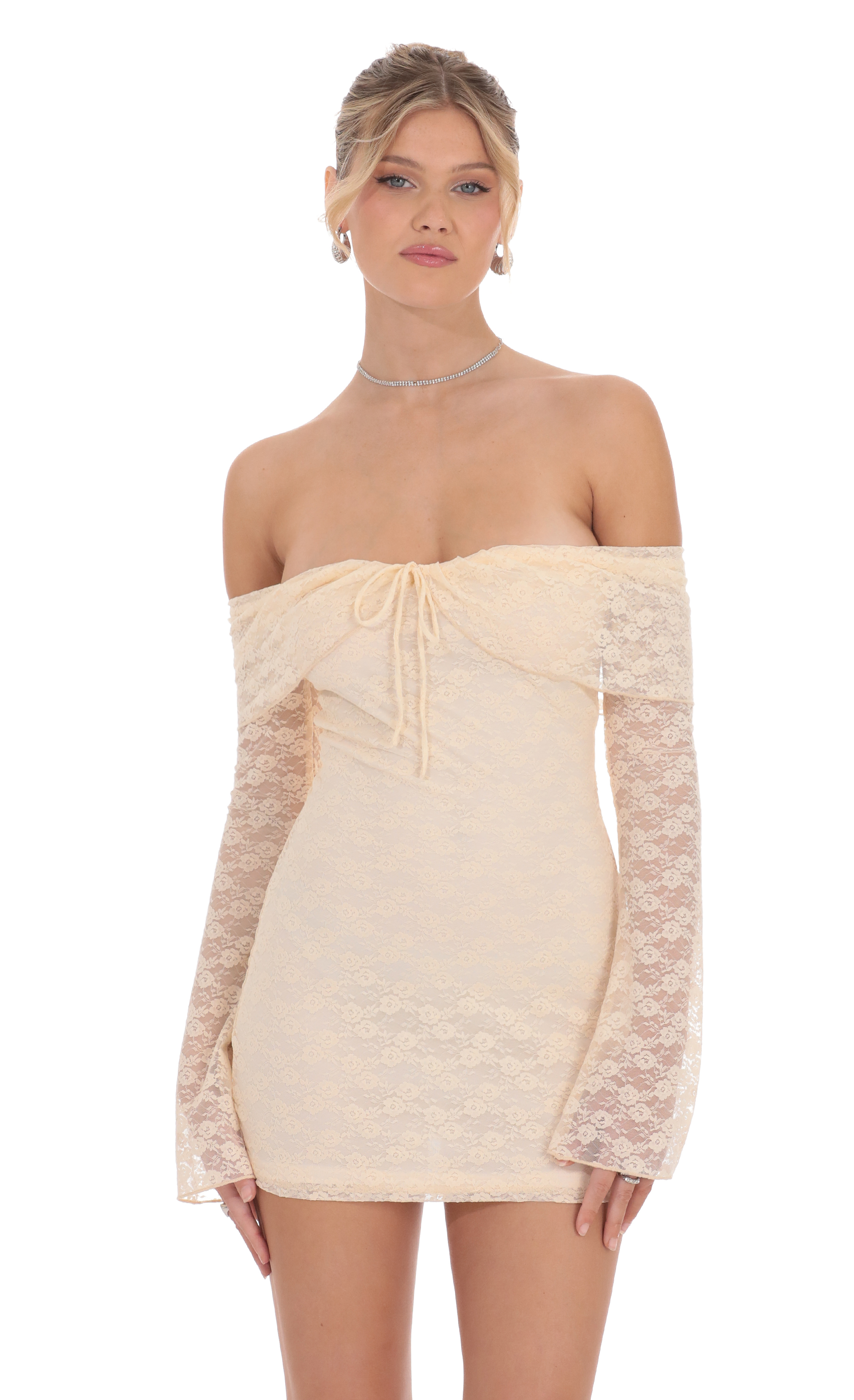 Lace Draped Off Shoulder Dress in Pastel Peach-My Sky Diva