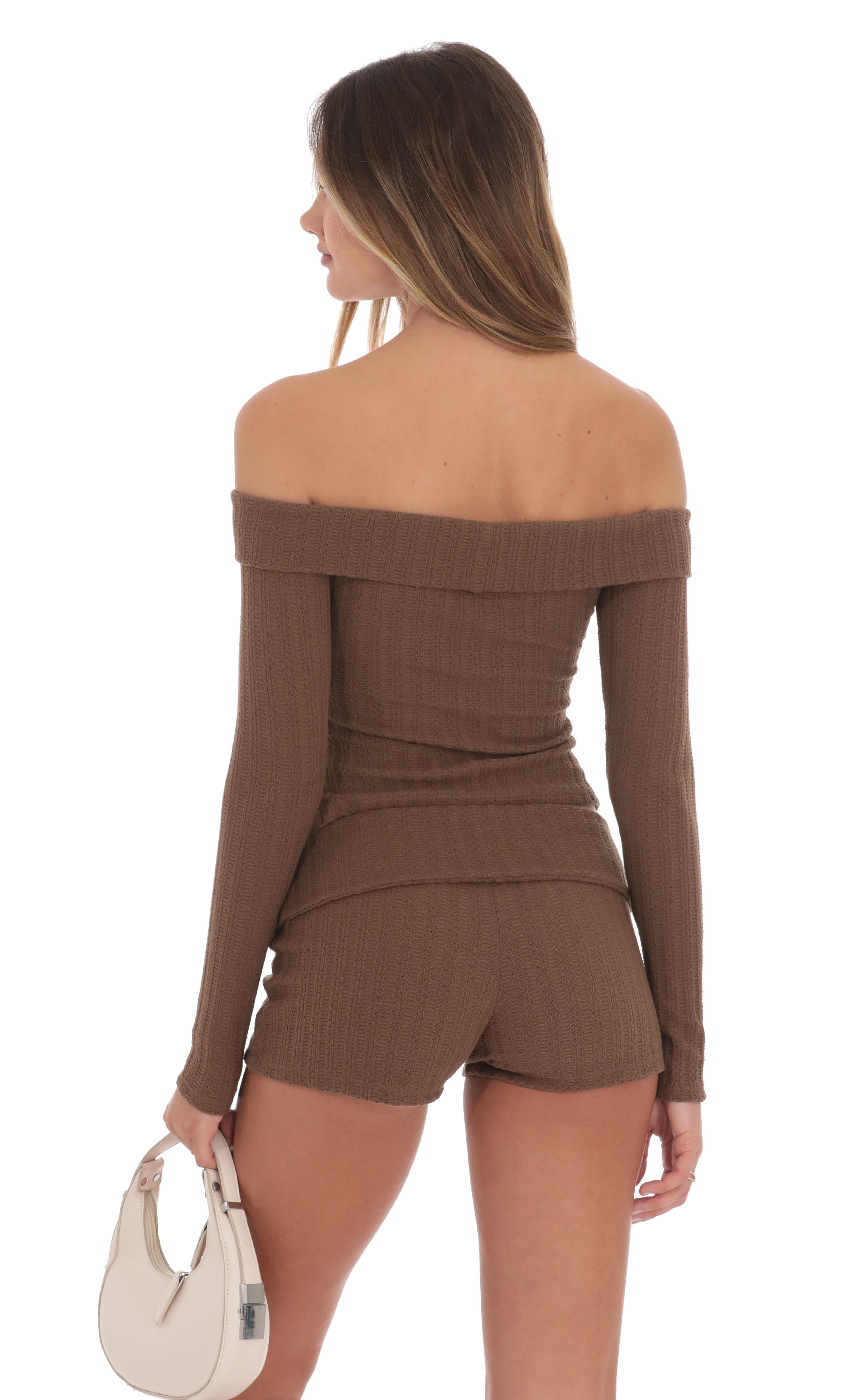Knitted Off Shoulder Top in Brown-My Sky Diva