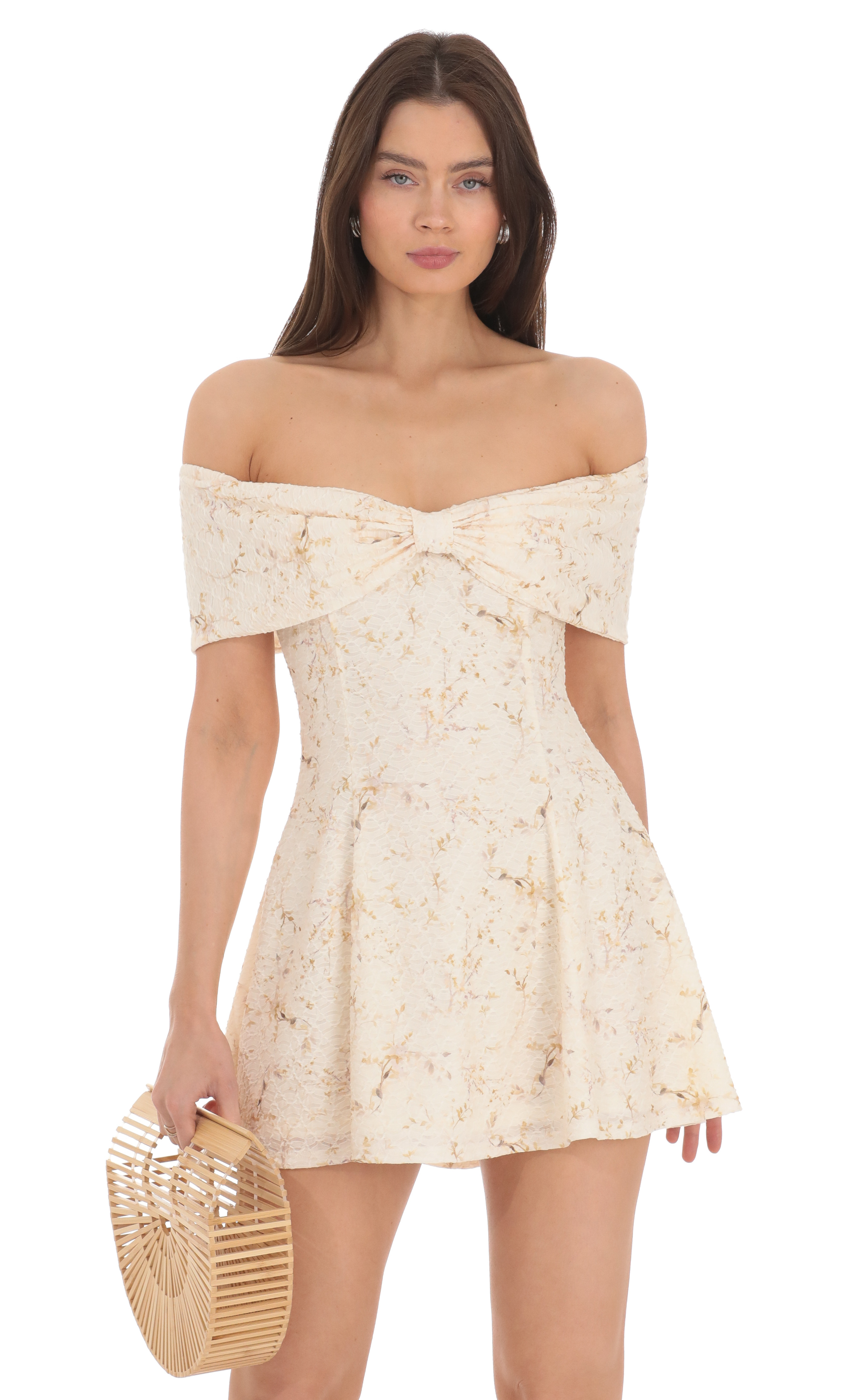 Front Bow Floral Off Shoulder Dress in Cream-My Sky Diva