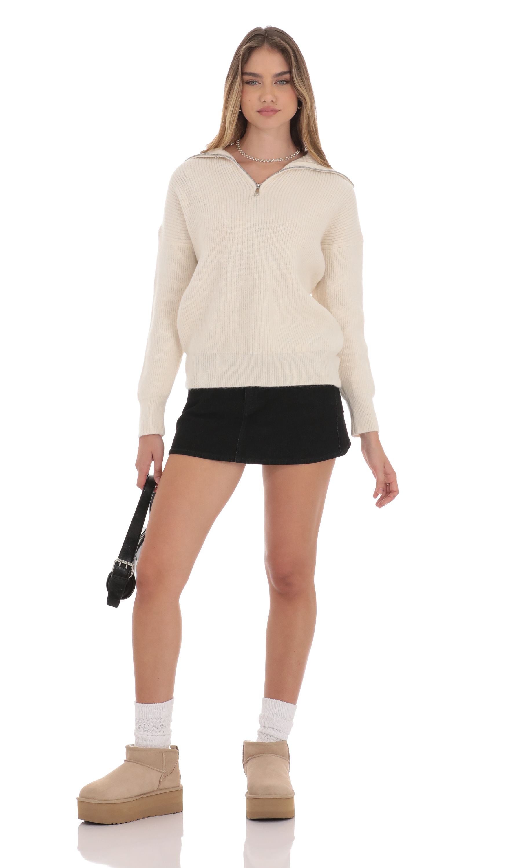 Quarter Zip Knit Jumper in Cream-My Sky Diva