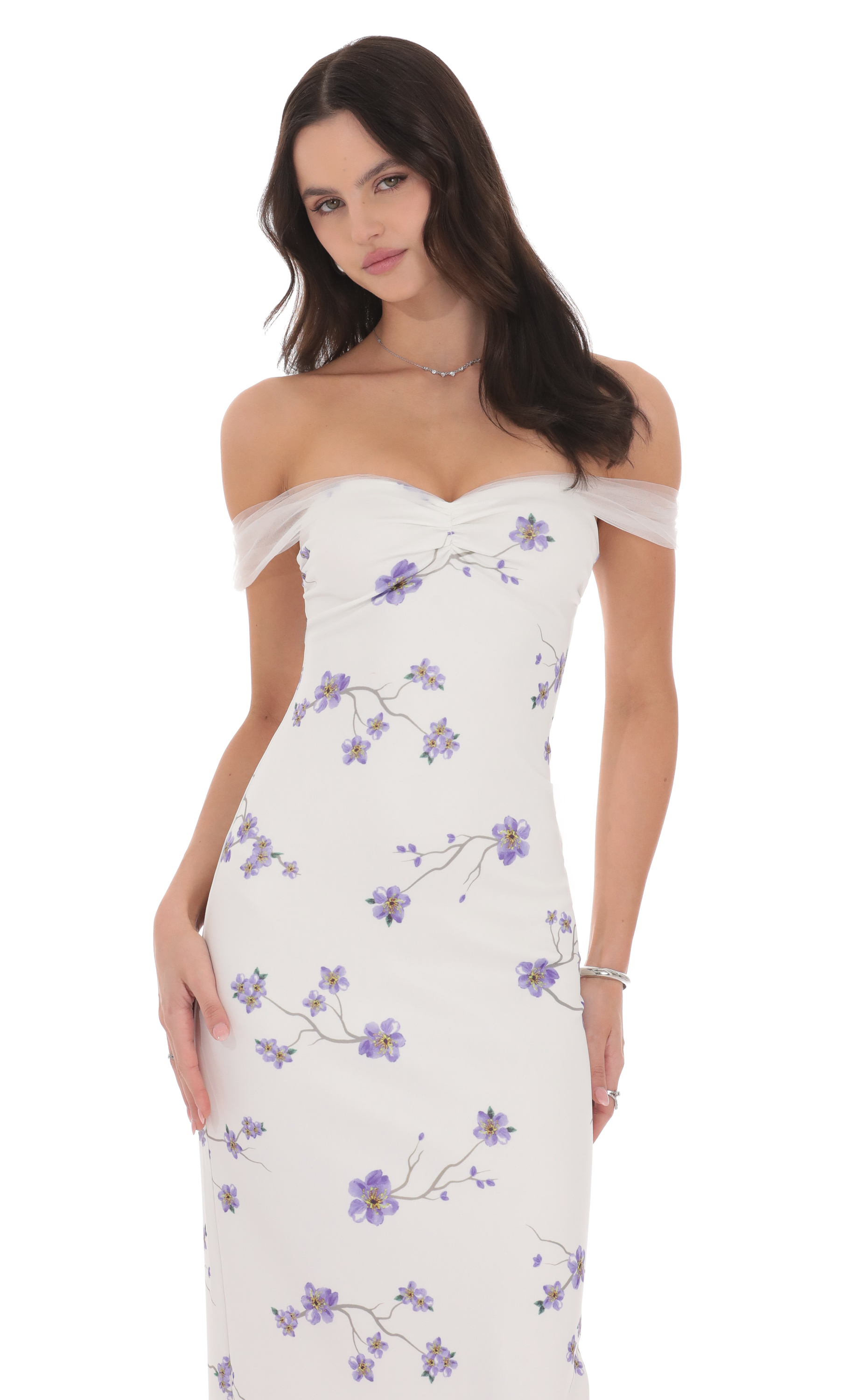 Tulle Off Shoulder Floral Maxi Dress in White-My Sky Diva