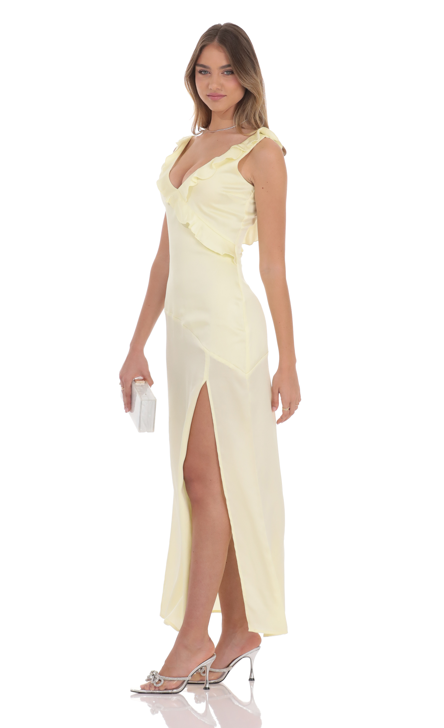 Satin V-Neck Open Back Maxi Dress in Pastel Yellow-My Sky Diva