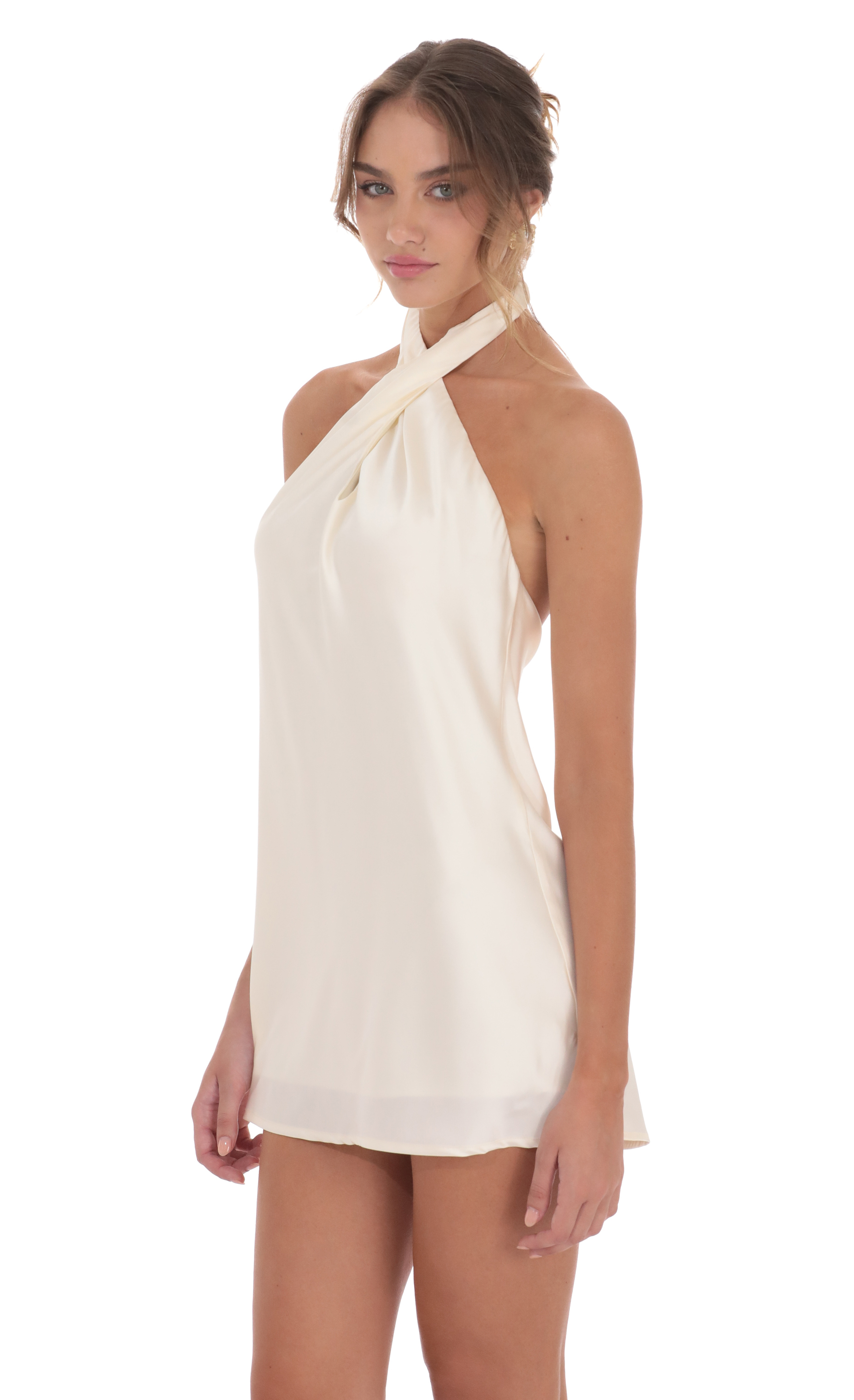 Satin Cross Halter Dress in Cream-My Sky Diva