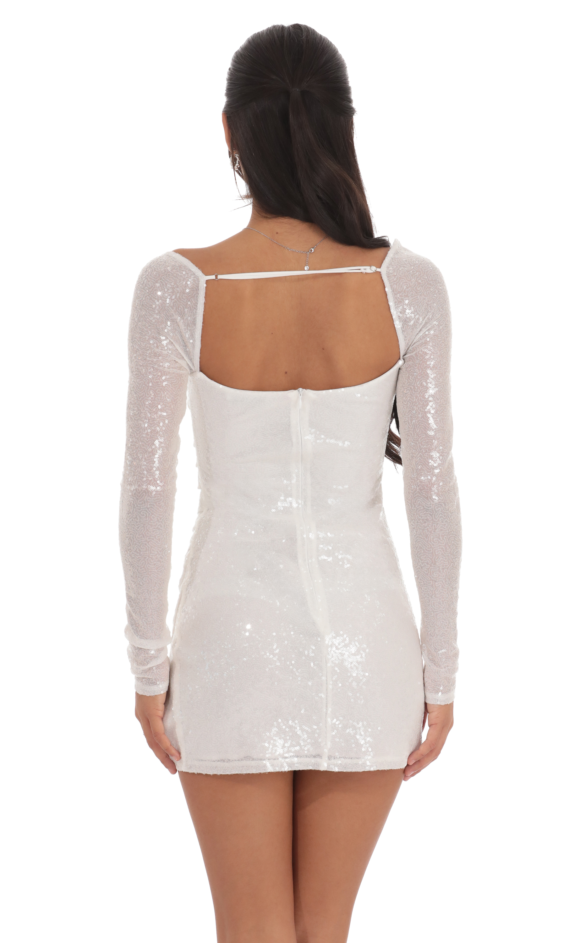 Sequin Long Sleeve Bodycon Dress in White-My Sky Diva