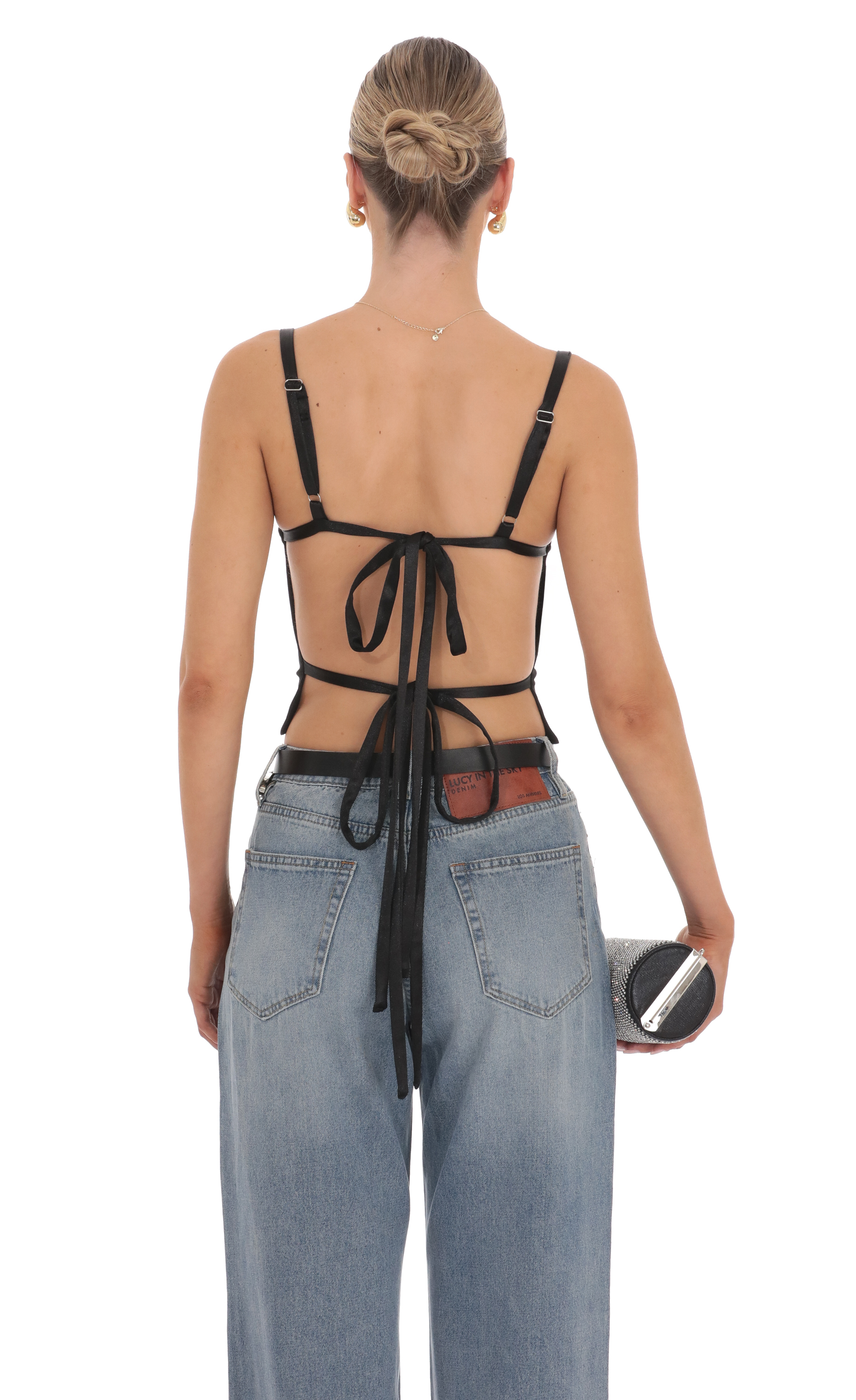 Satin Open Back Tie Top in Black-My Sky Diva