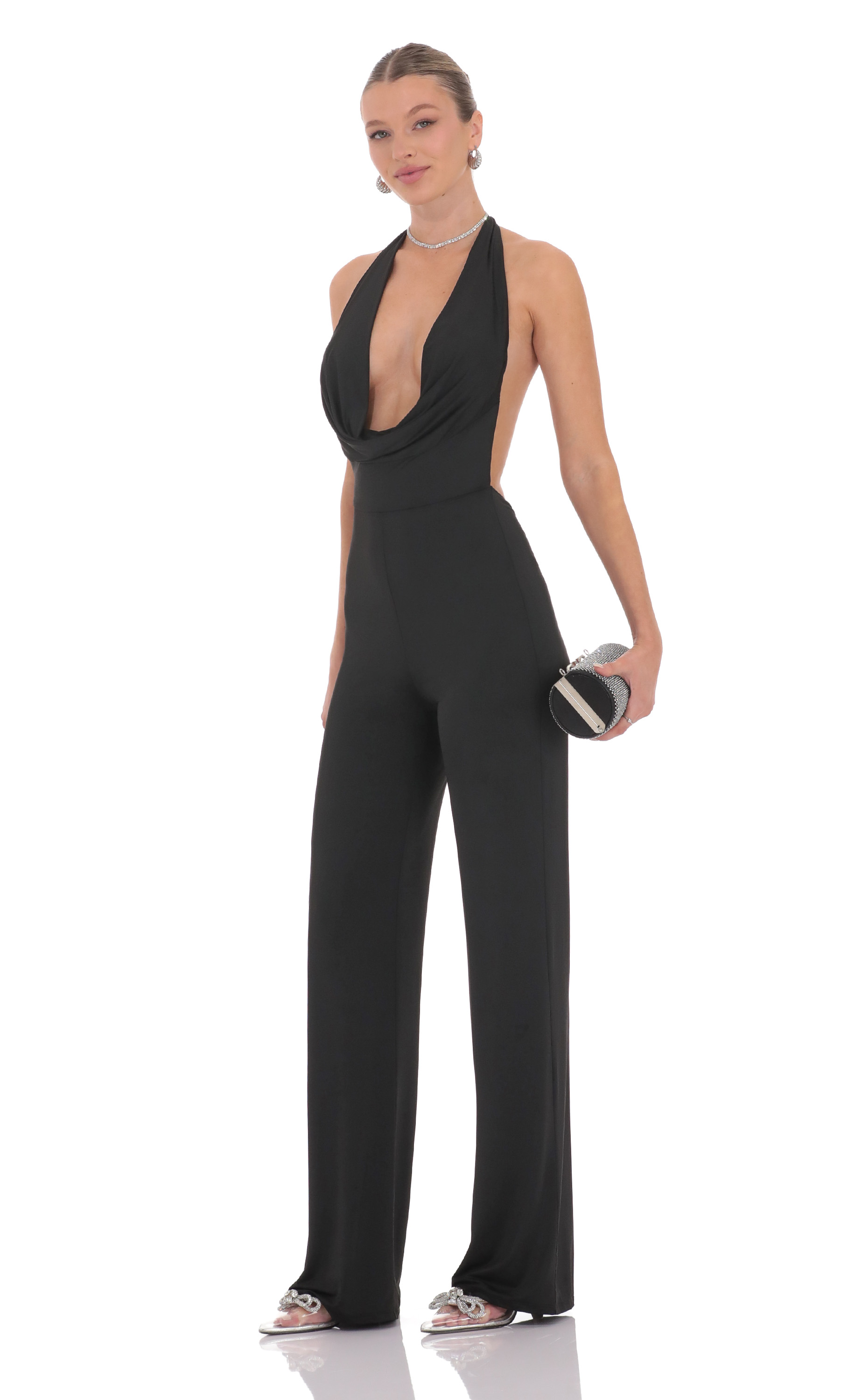 Halter Plunge Neck Jumpsuit in Black-My Sky Diva