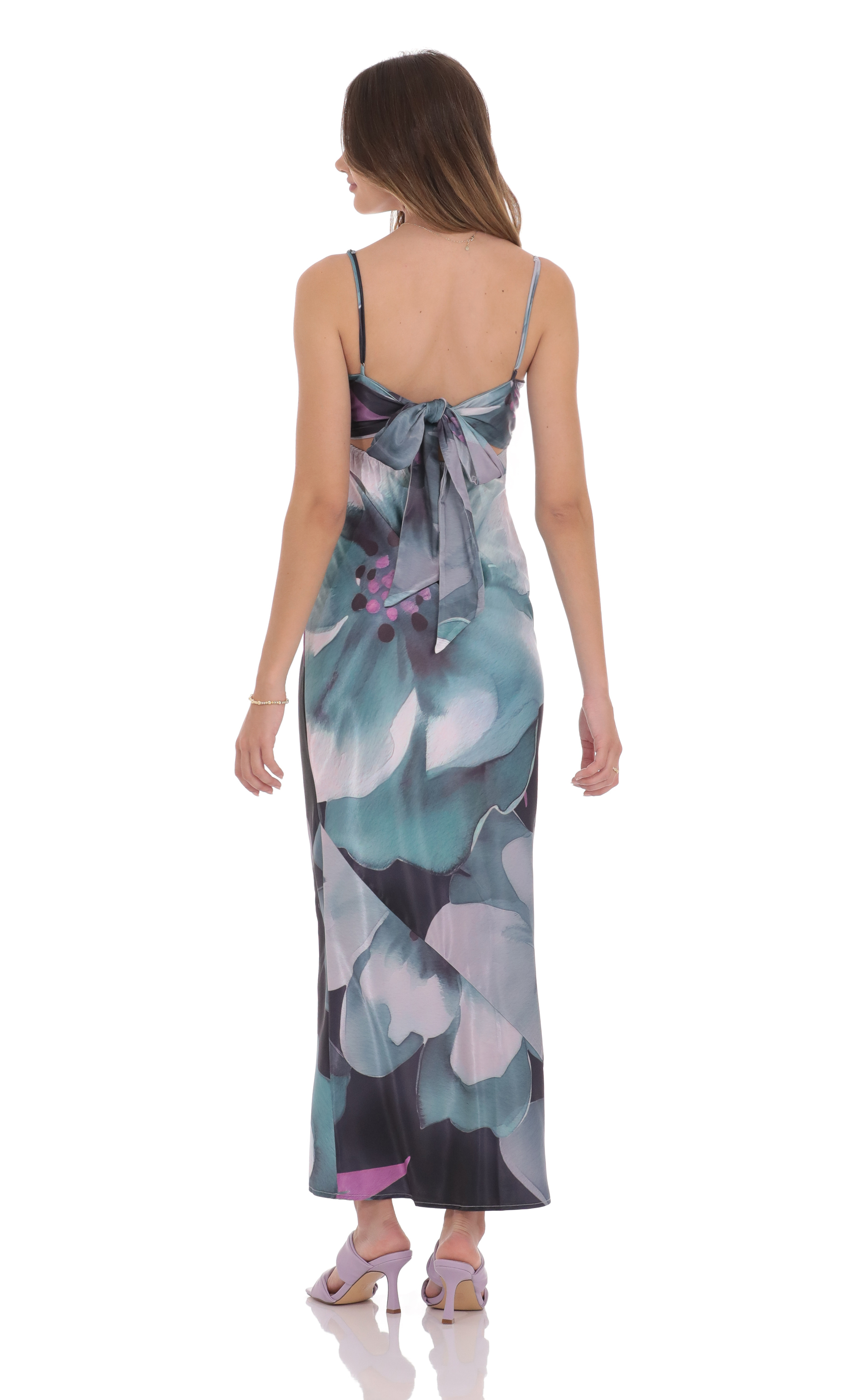 Floral Back Tie Maxi Dress in Dark Teal-My Sky Diva