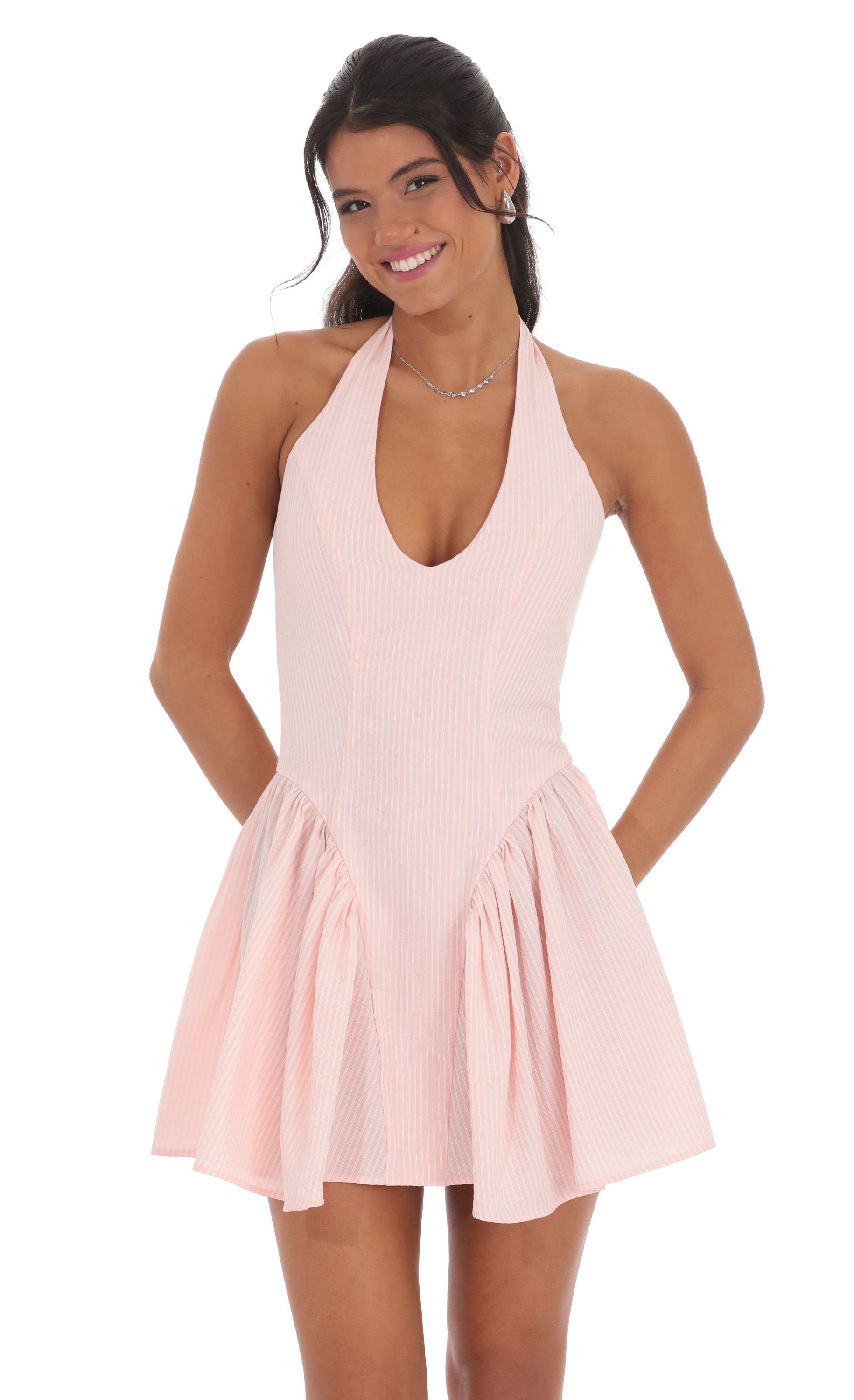 Striped Crinkle Halter Dress in Pink-My Sky Diva