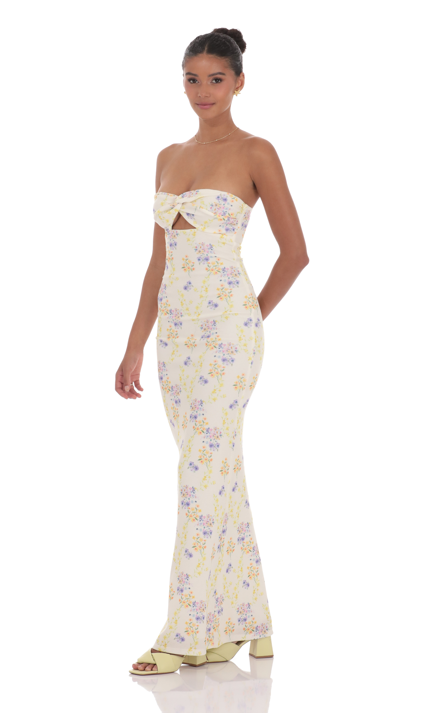 Floral Ribbed Cutout Twist Maxi Dress in Yellow-My Sky Diva