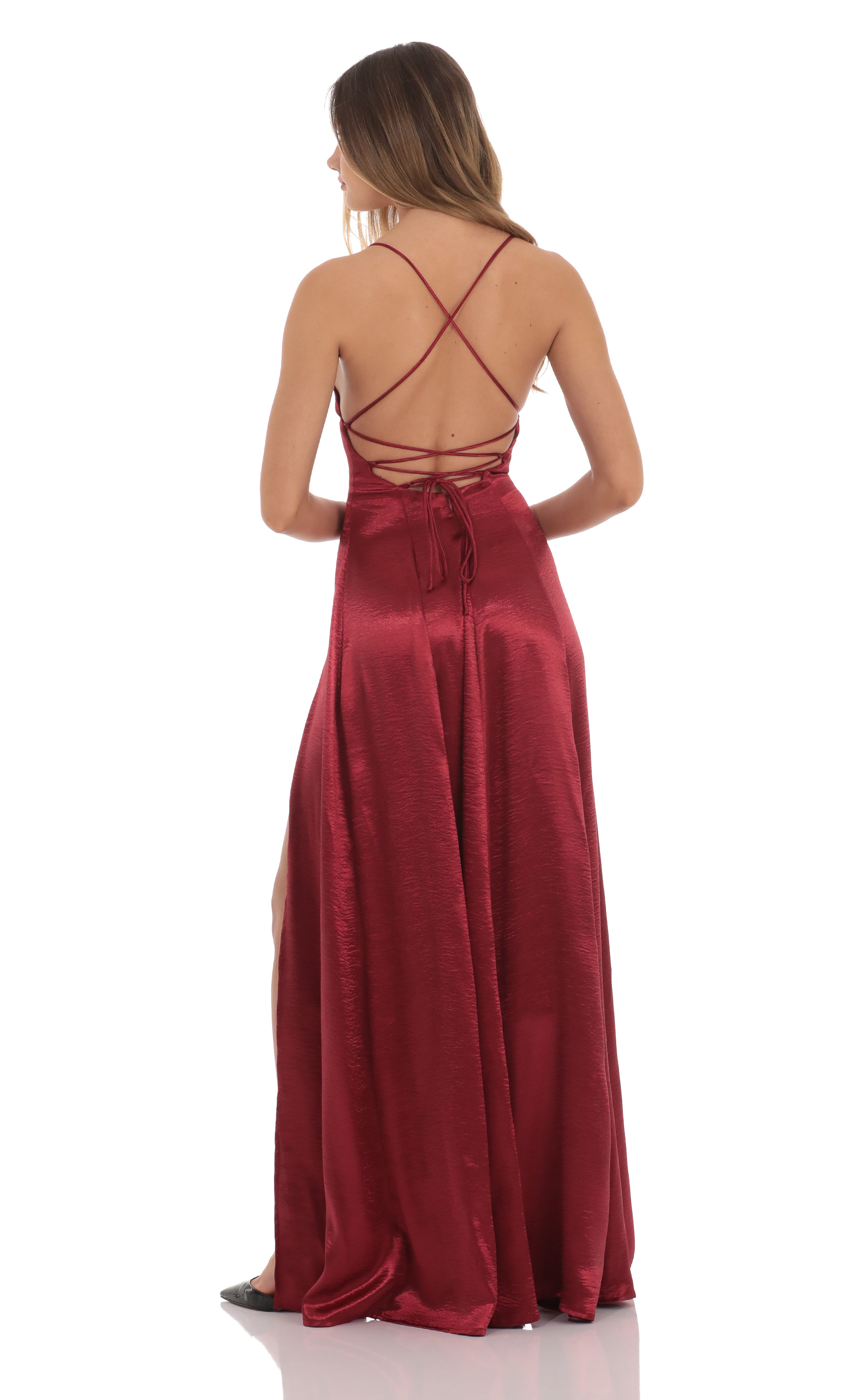 Satin Double Slit Maxi Dress in Deep Red-My Sky Diva
