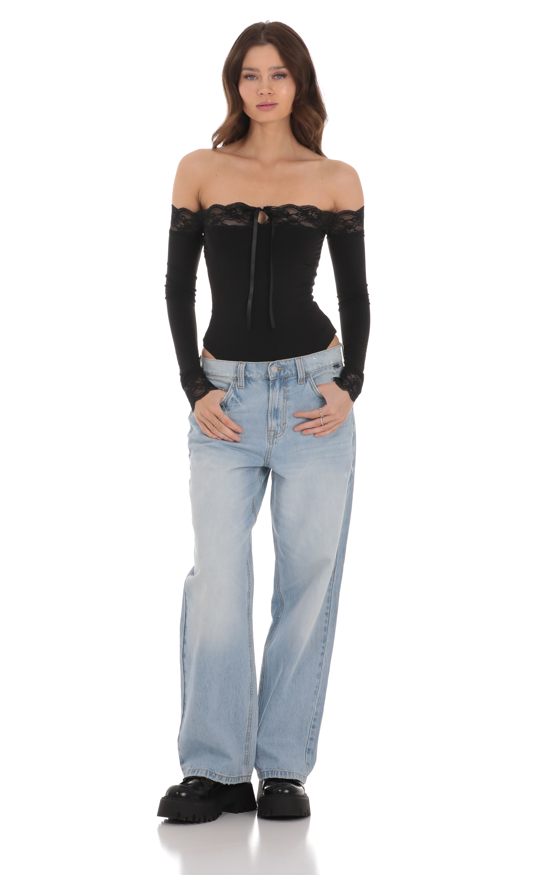 Off Shoulder Lace Bodysuit in Black-My Sky Diva