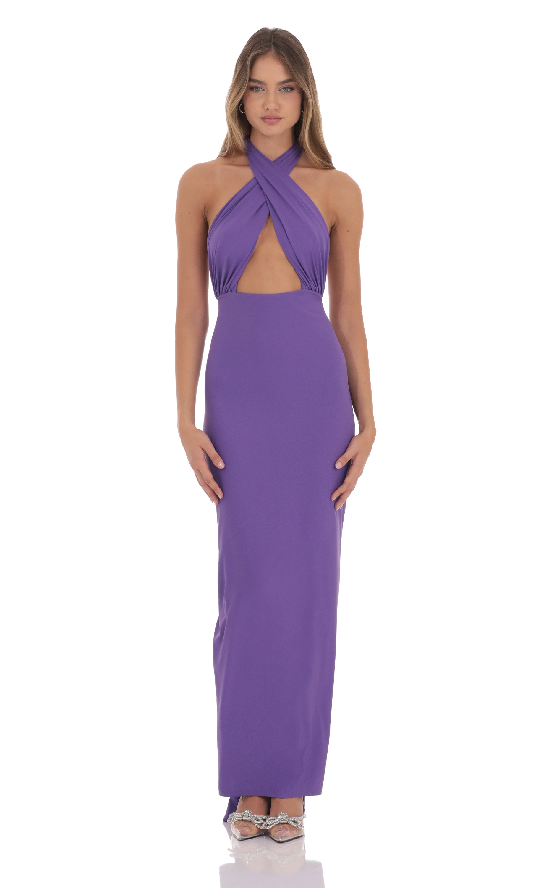 Front Cross Halter Maxi Dress in Purple-My Sky Diva