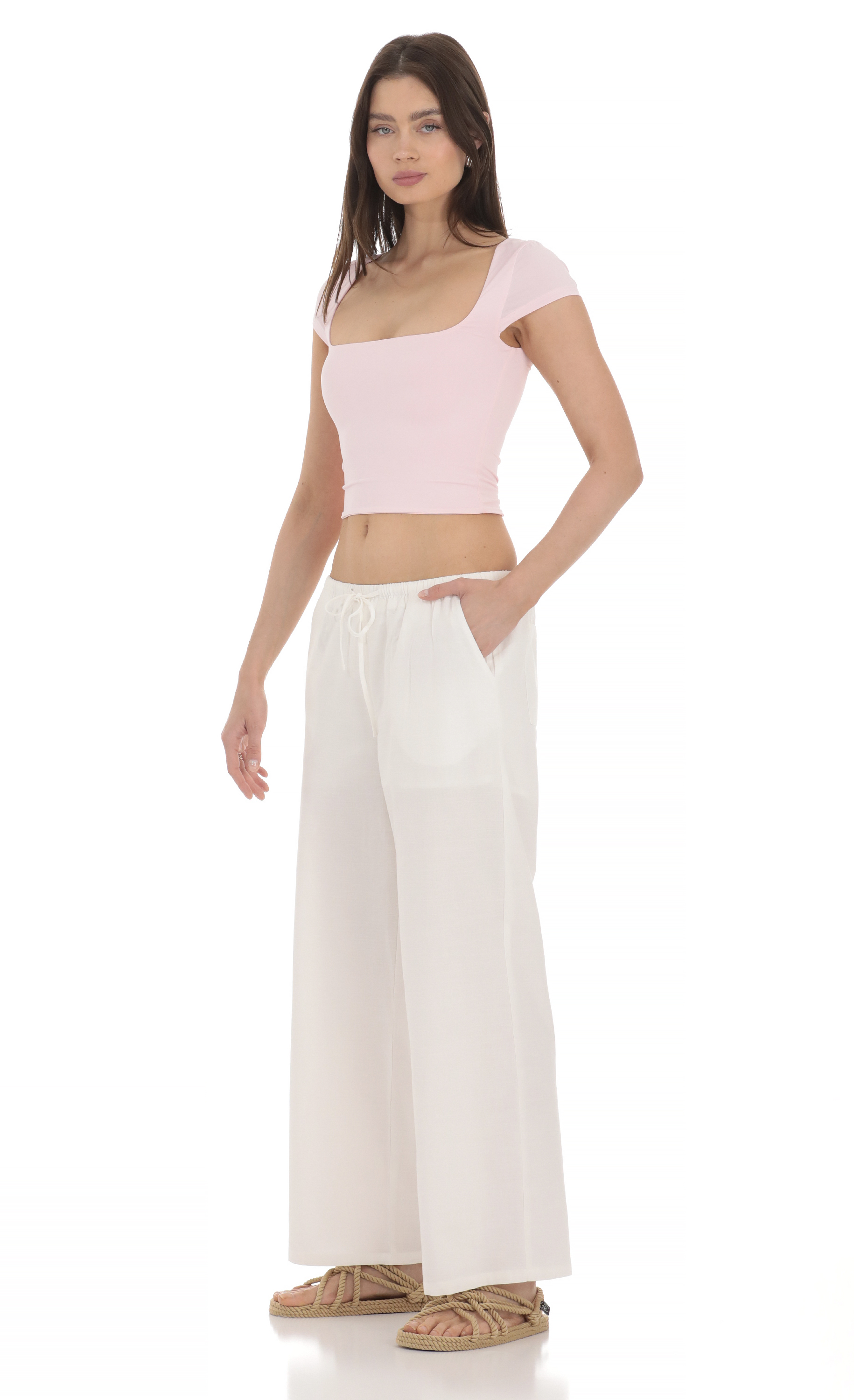 Drawstring Wide Leg Pants in White-My Sky Diva
