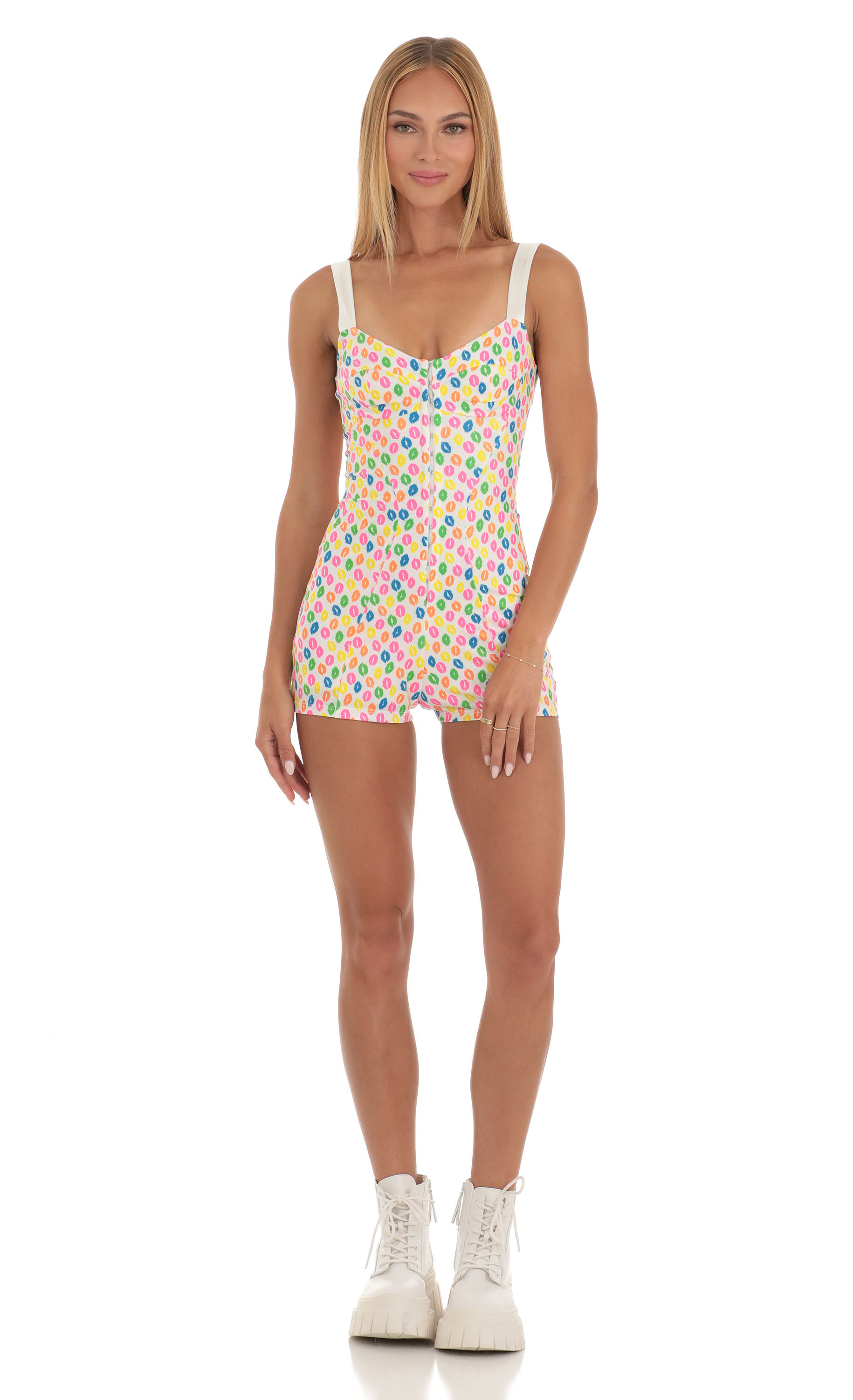 Hook and Eye Romper in Multi Kiss Print-My Sky Diva