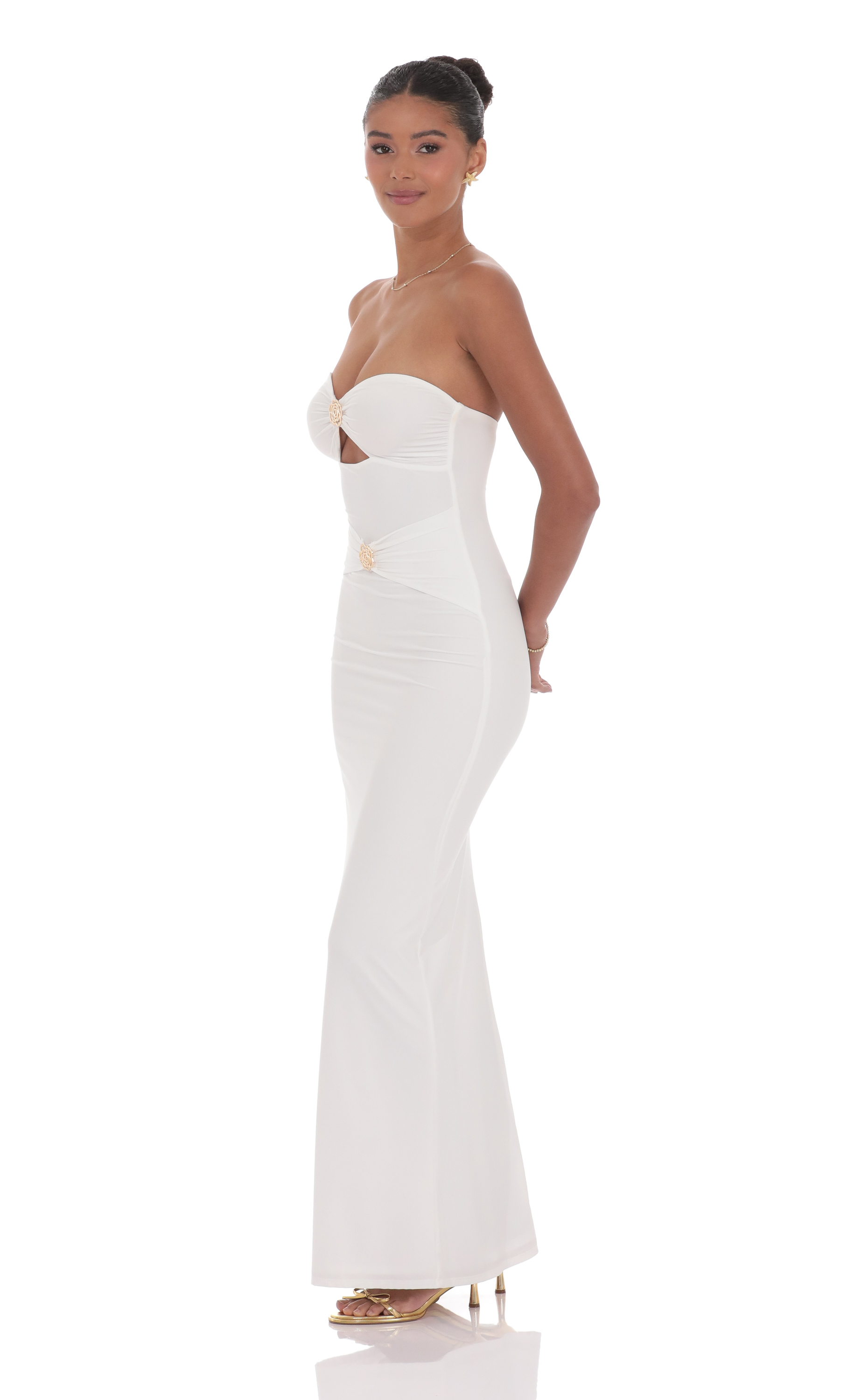 Golden Rose Cutout Maxi Dress in White-My Sky Diva