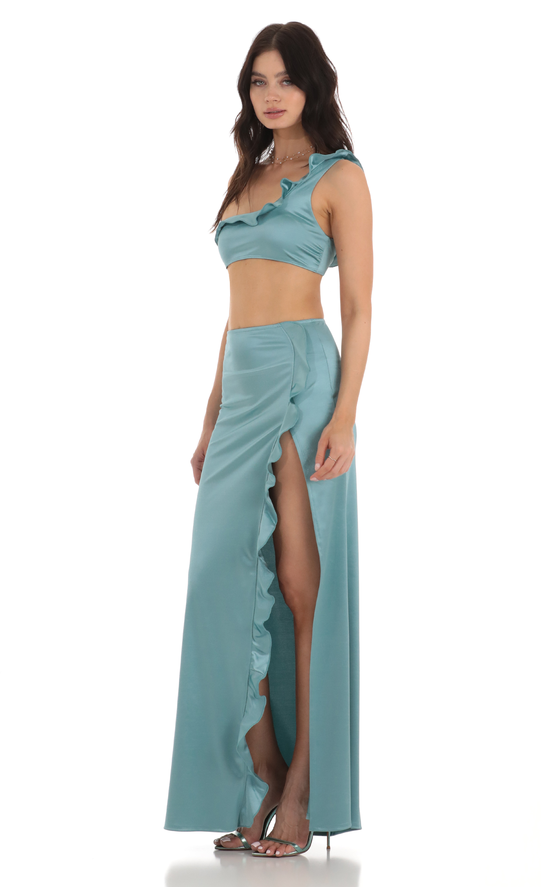 Satin Ruffle Two Piece Set in Blue-My Sky Diva