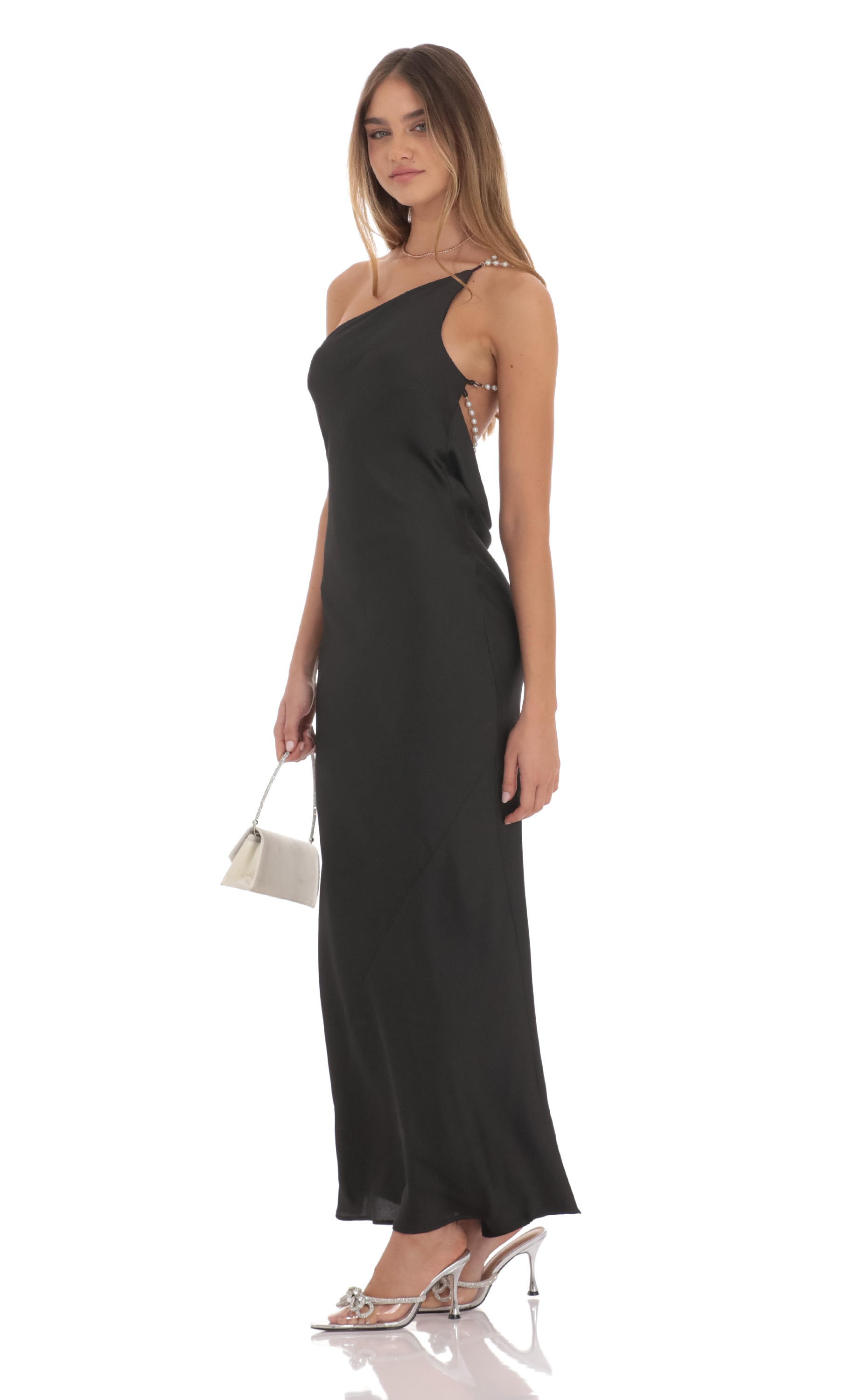 One Shoulder Pearl Satin Maxi Dress in Black-My Sky Diva