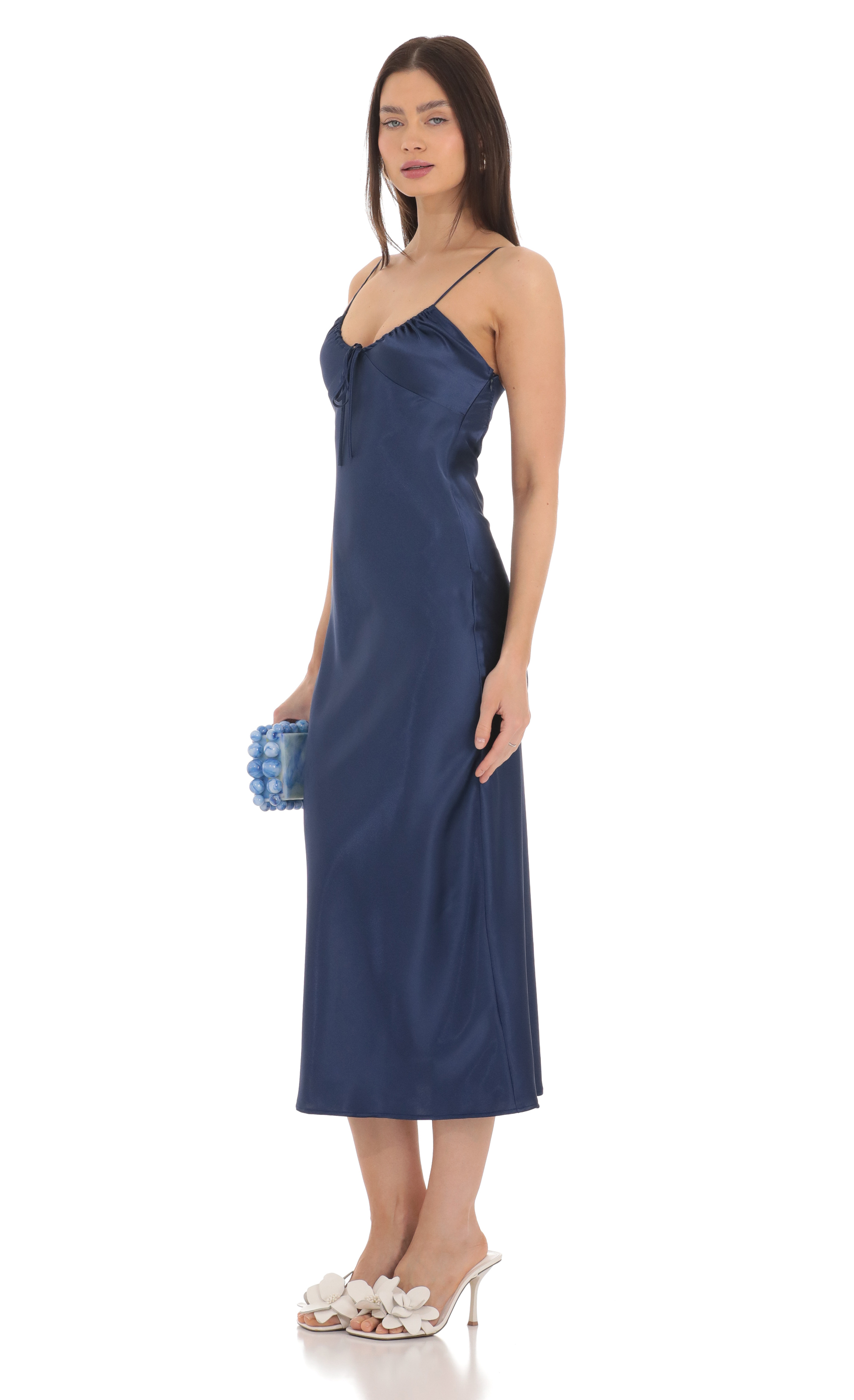 Satin Open Back Midi Dress in Navy-My Sky Diva