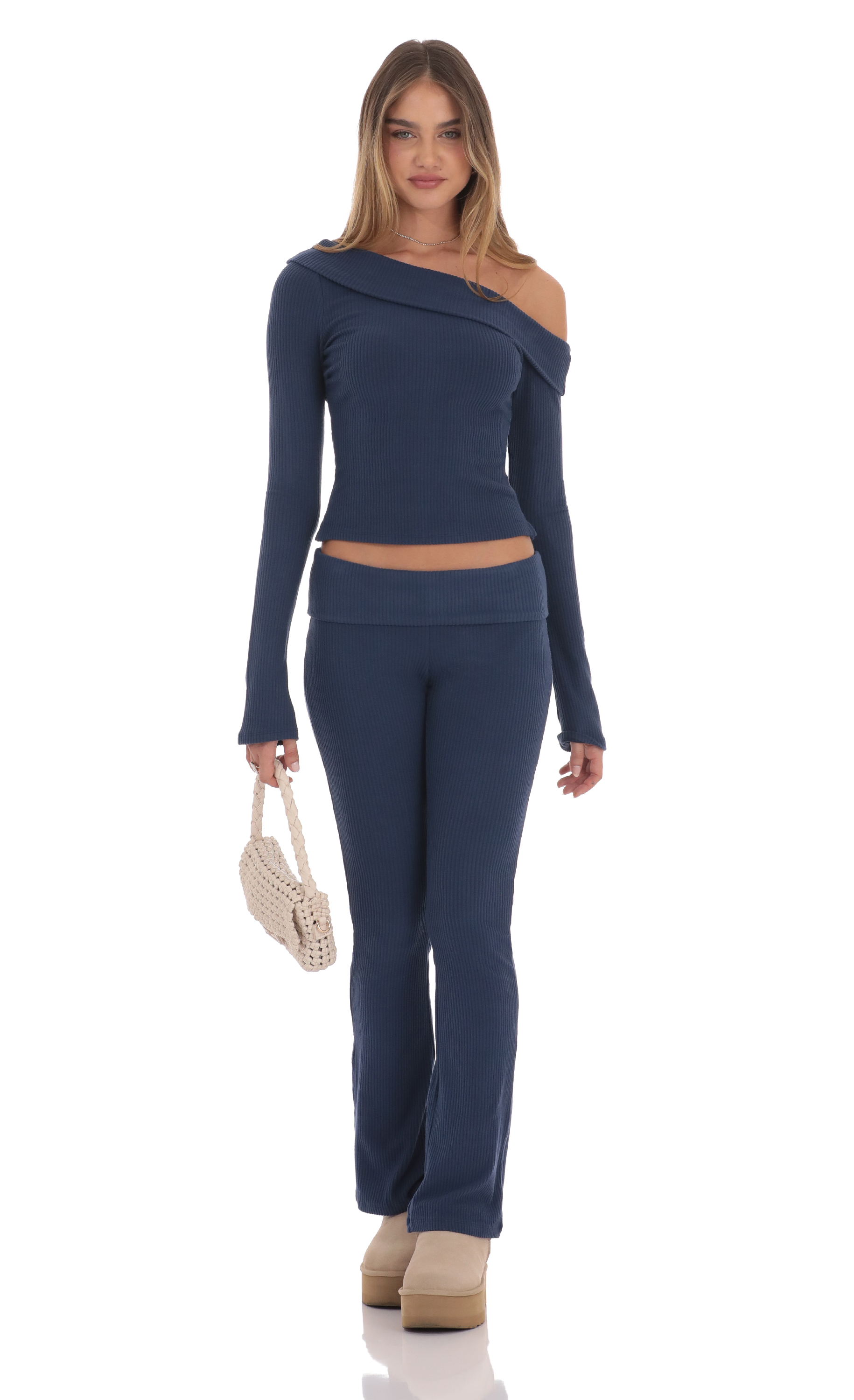 Low Rise Ribbed Flare Pants in Navy-My Sky Diva