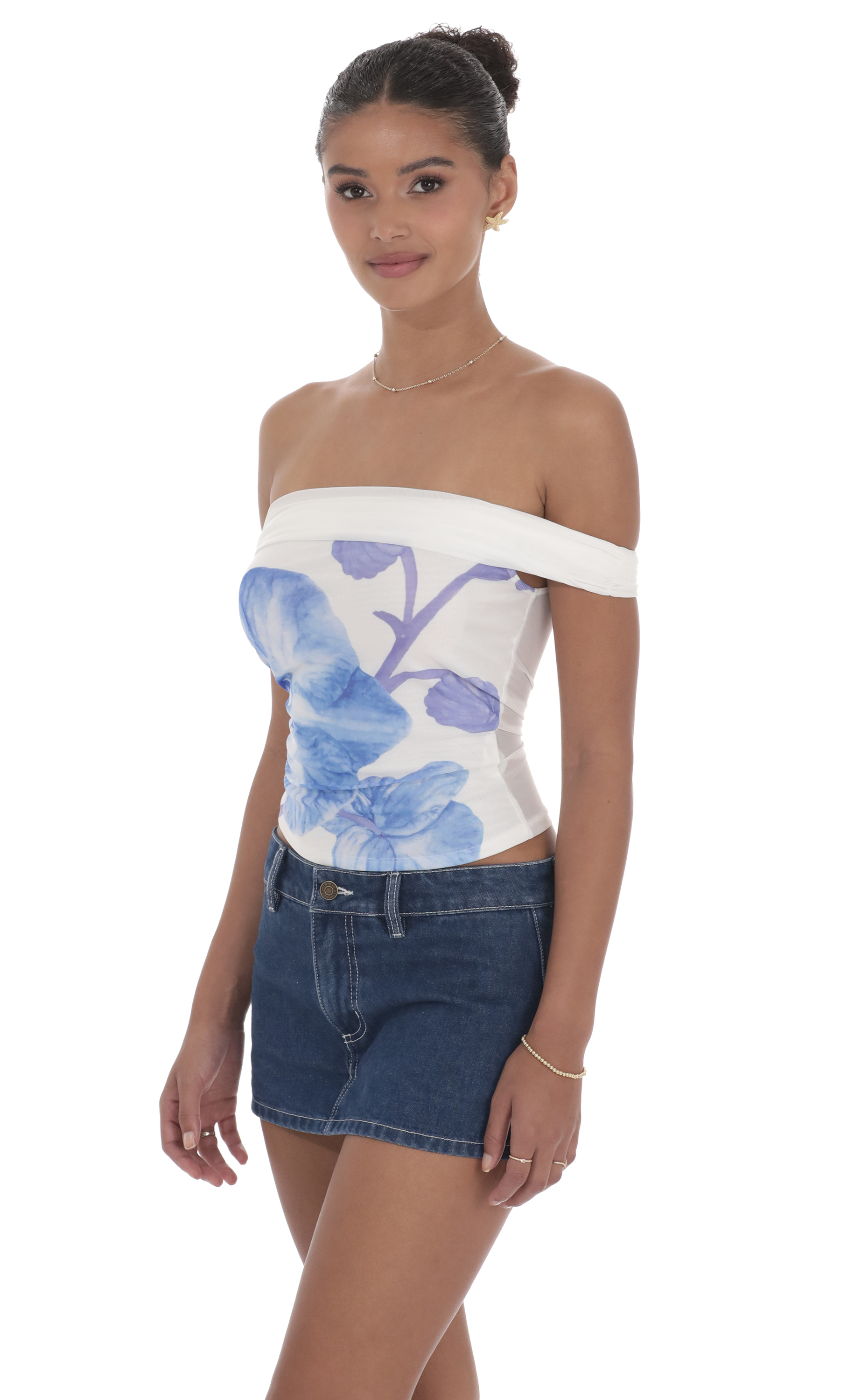 Floral Mesh Off Shoulder Top in White-My Sky Diva