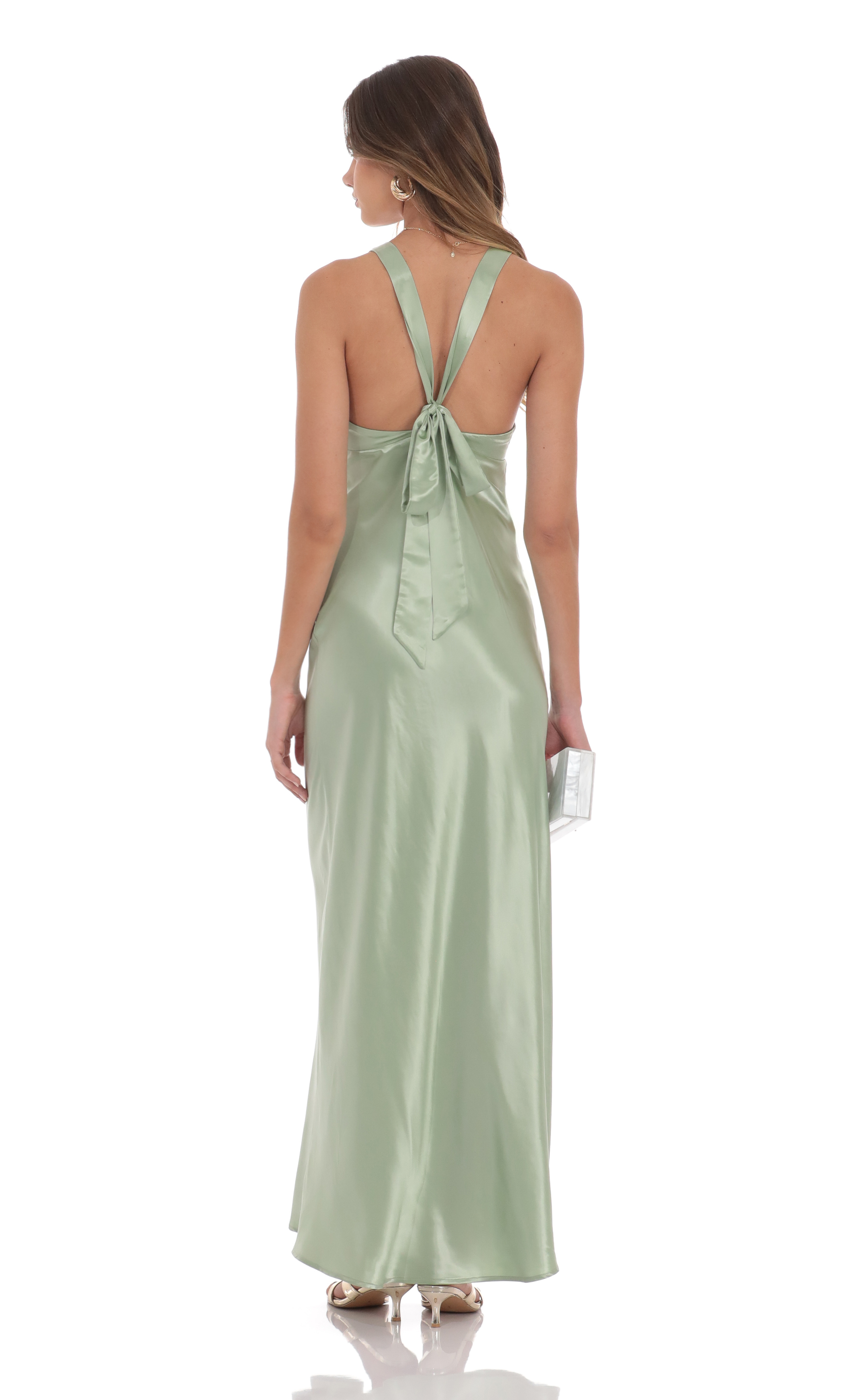 Satin V-Neck Maxi Dress in Sage-My Sky Diva