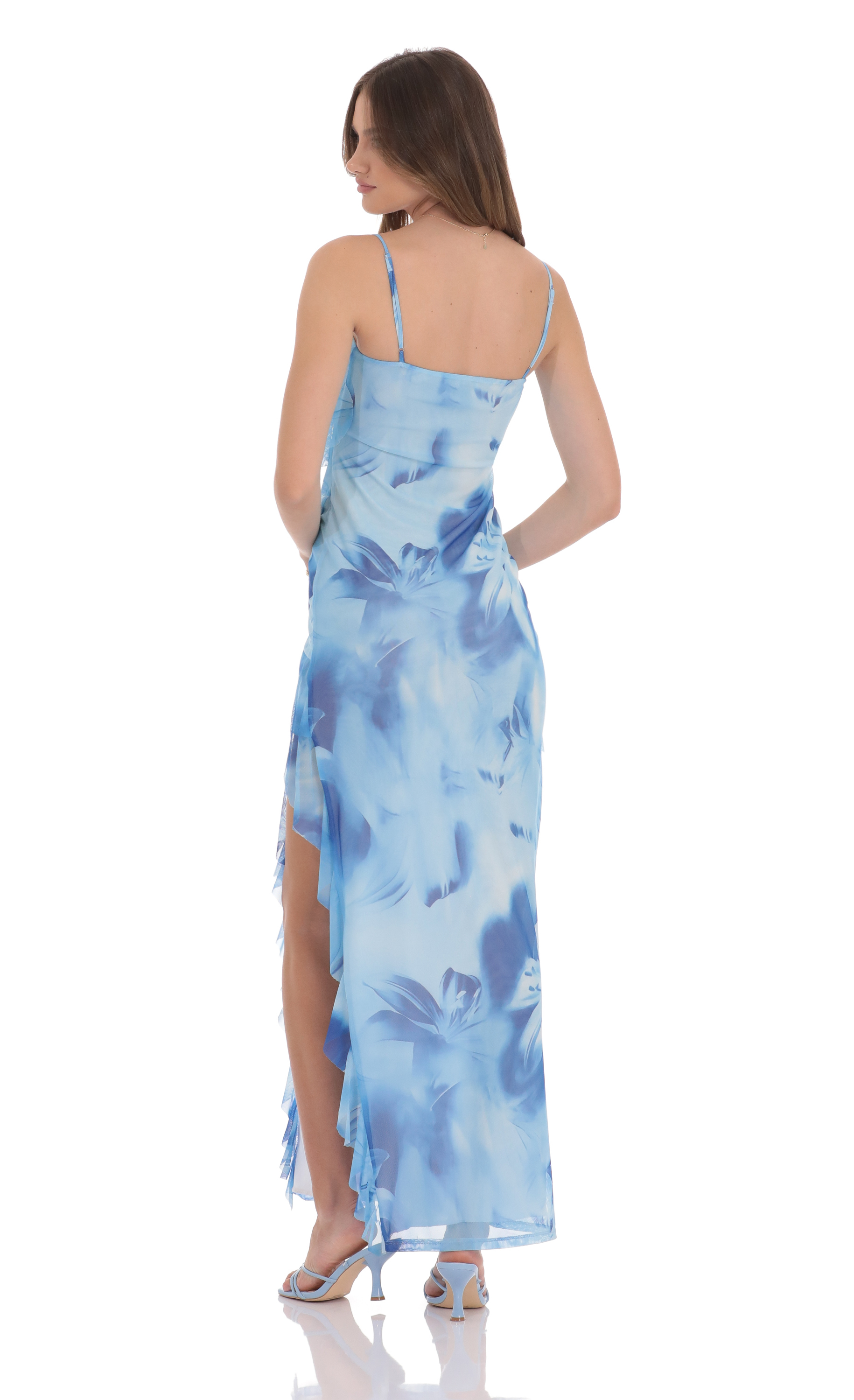 Floral Ruffle Mesh Square Neck Maxi Dress in Royal Blue-My Sky Diva