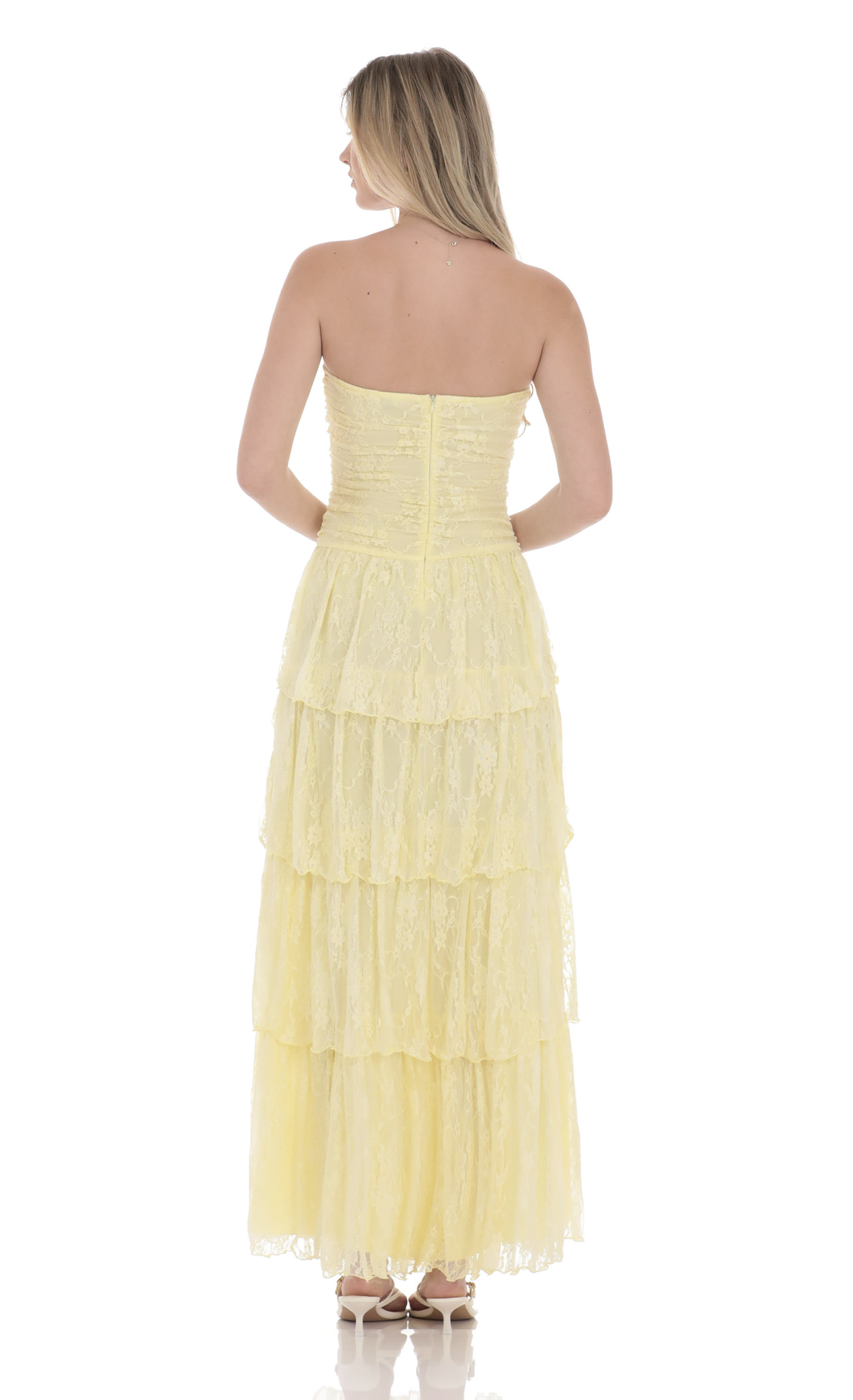 Lace Ruched Ruffle Maxi Dress in Yellow-My Sky Diva