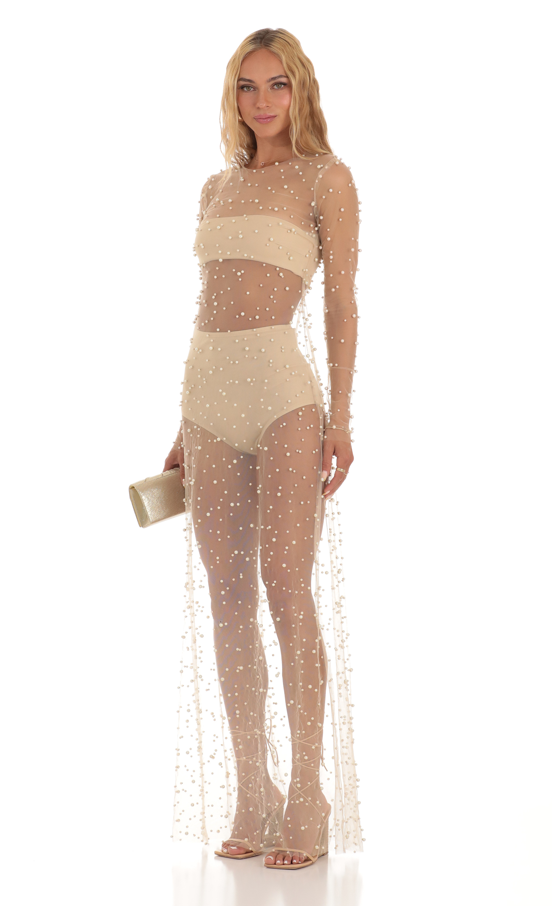 Pearl Mesh Dress in Beige-My Sky Diva