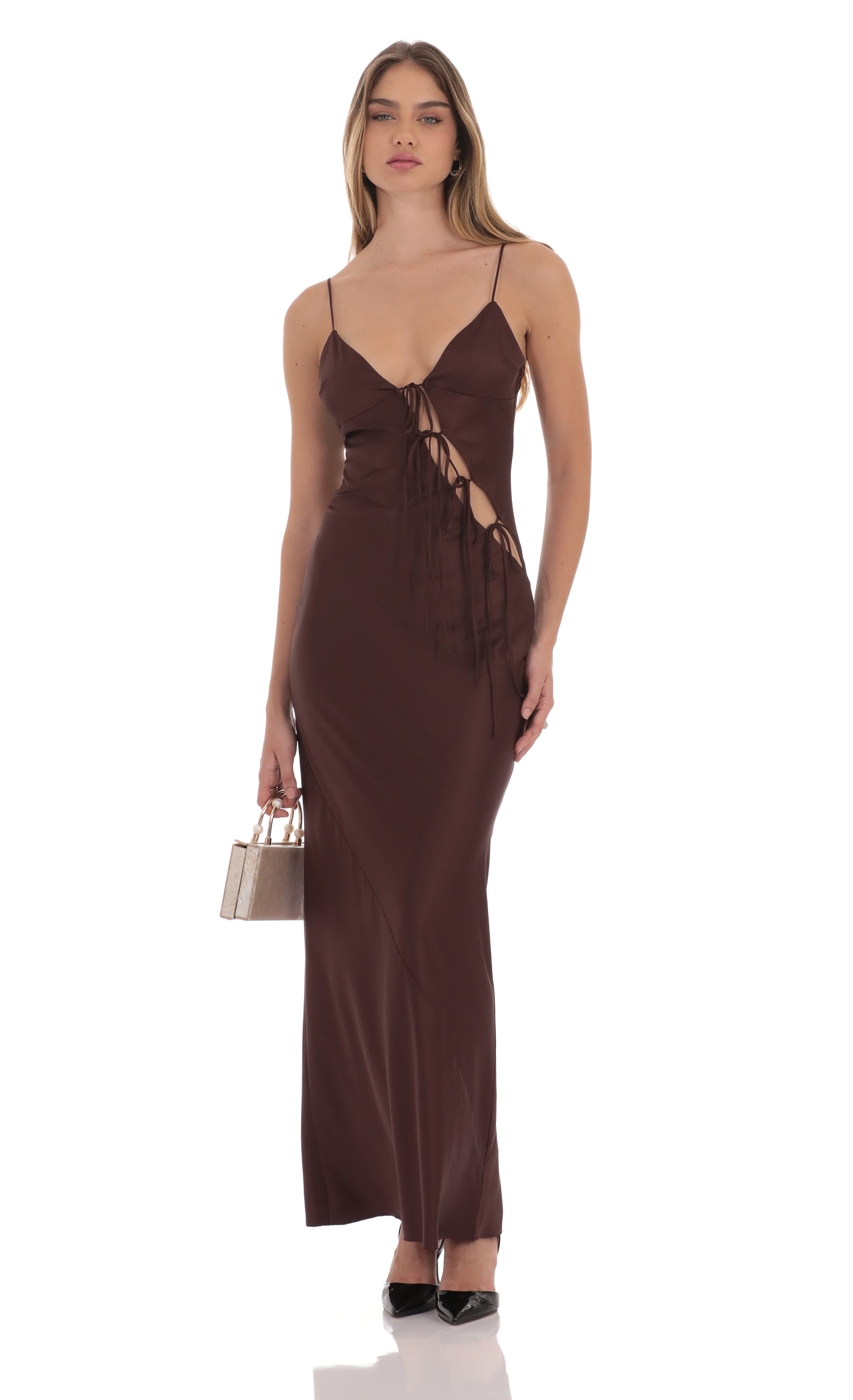 Satin Cutout Ties Maxi Dress in Brown-My Sky Diva